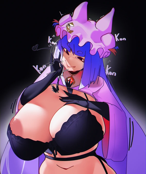 1girls almost_naked areolae_slip big_breasts black_bra blowjob_gesture borrowed_design bra cleavage fox_ears gloves hat konkon_patchouli_(crr001) lingerie long_gloves long_hair naughty_face naxius_noxy nipple_slip patchouli_knowledge purple_hair solo solo_female tongue_out touhou