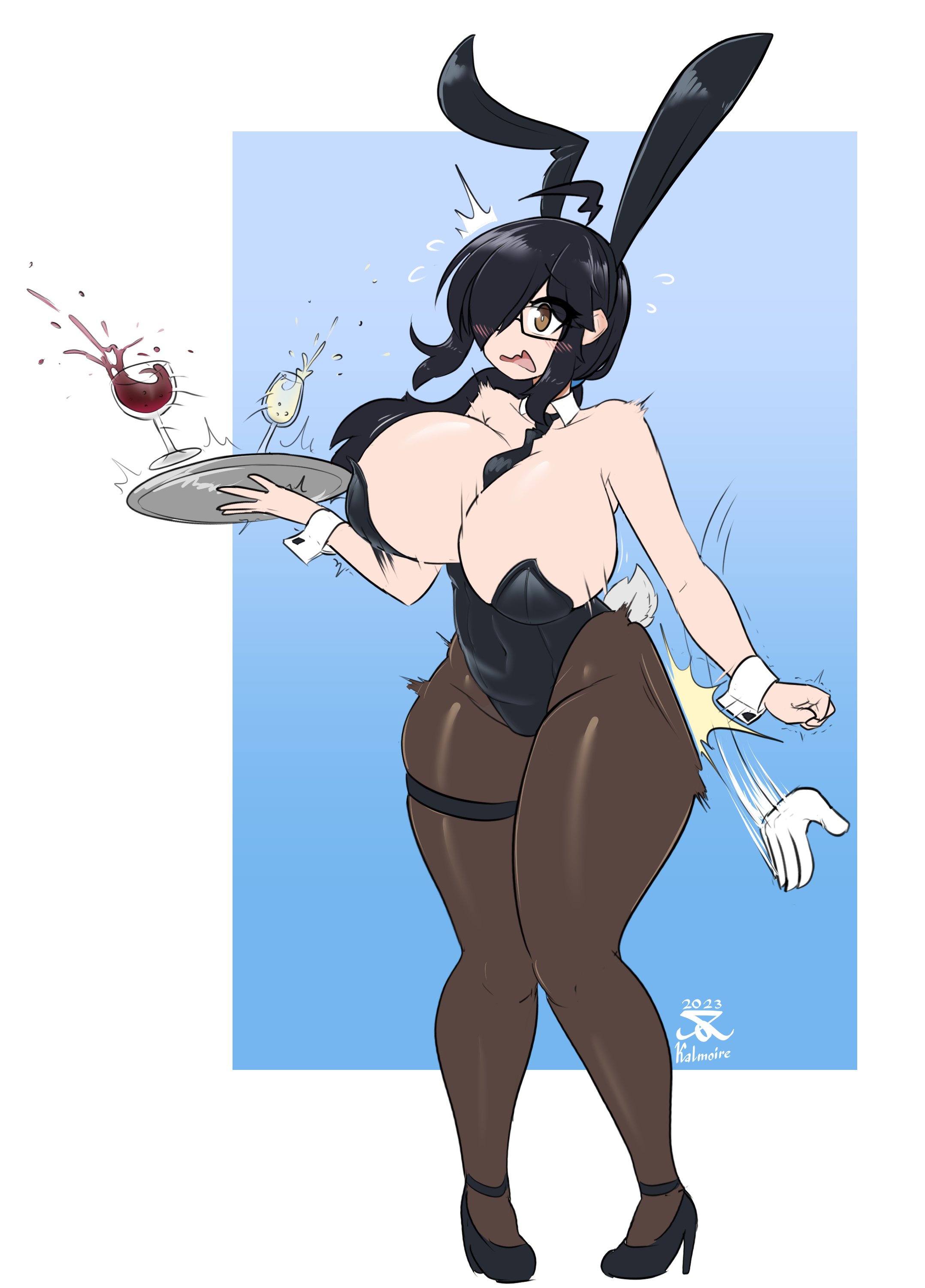 big breasts, black hair, breasts, bunny, bunny costume, bunny ear, bunny ears, bunny girl, bunny tail, bunnysuit, female, glasses, huge breasts, kalmoire, large breasts, pantyhose, short hair, short hair with long locks, short-haired female, spank, spanked, spanked ass, spanked butt, spanking, spanking ass, spanking butt, thighs, wine, wine glass
