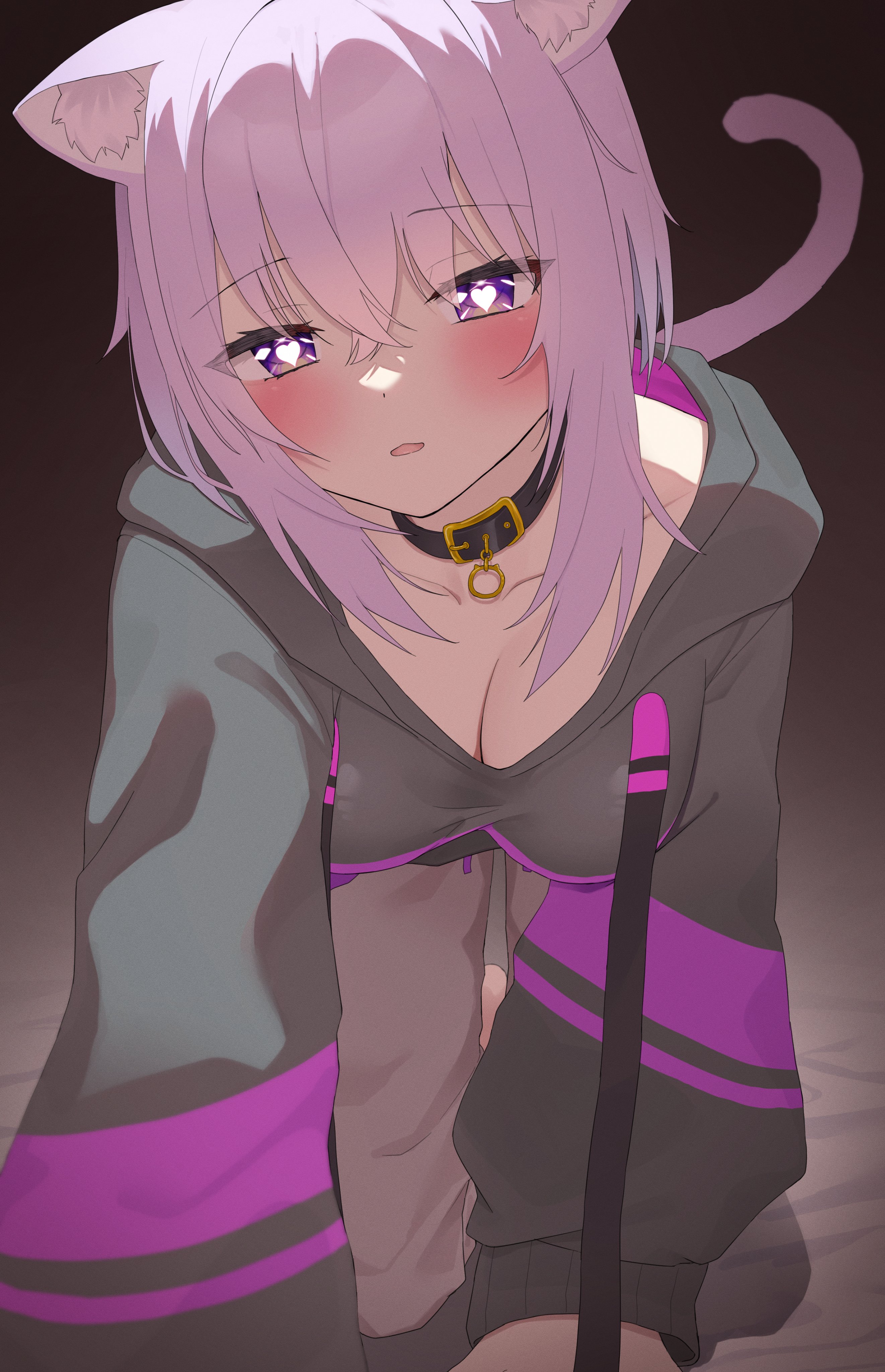 all fours, aroused, aroused face, blush, breasts, cat girl, cleavage, collar, crawling, female, fully clothed, heart-shaped pupils, hololive, hololive gamers, hololive japan, horny, horny female, large breasts, naughty face, nekomata okayu, toward viewer, virtual youtuber