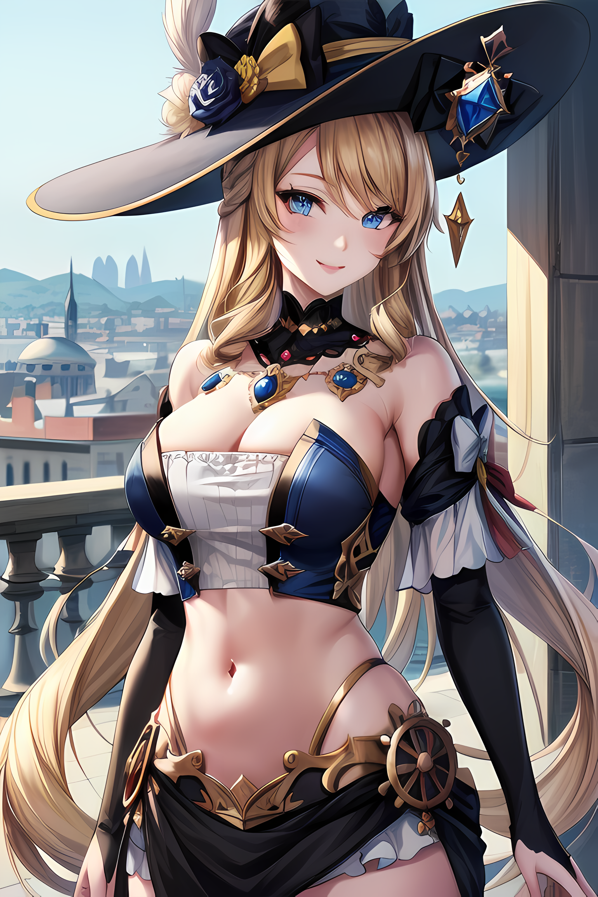 ai generated, bare shoulders, beautiful background, big breasts, black dress, blonde female, blonde hair, blue eyes, breasts, clothing, dress, female, genshin impact, hi res, high resolution, highres, jewelry, long hair, navia (genshin impact), pretty lady, thick thighs