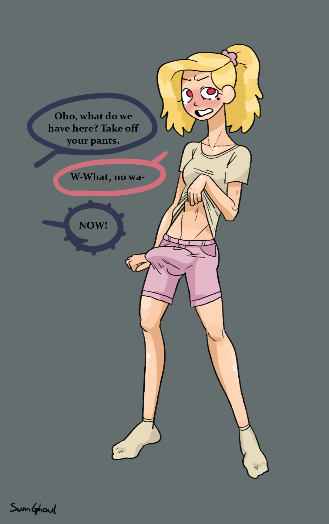 1futa, 2020s, 2021, amphibia, angry, balls, big bulge, big penis, blush, breasts, bulge, bulge through clothing, clothed, clothing, cute, dialogue, erection, erection under clothes, fully clothed, futa only, futanari, futasub, grower not a shower, human, intersex, lean figure, lean muscle, lifting shirt, light skin, light-skinned futa, muscles, offscreen character, pale skin, penis, sasha waybright, shirt lift, shorts, shy, skinny, smooth skin, solo, standing, sumghoul, text