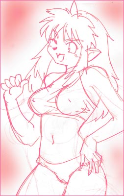 breasts copyright_request long_hair lowres medium_breasts monochrome open_mouth sketch tanuki_gakuen wink