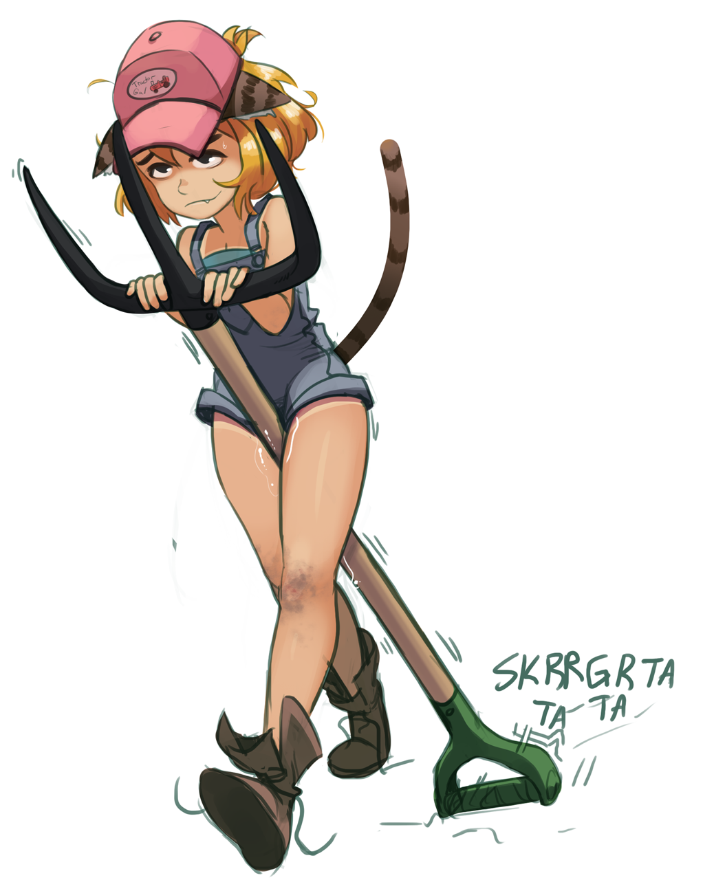 anthro, barncat (idontknowshot), baseball cap, blonde hair, boots, breasts, cap, cat ears, cat tail, clothed, clothed masturbation, clothing, creative masturbation, crotch rub, cute fang, dark skin, dark-skinned female, denim, excessive pussy juice, farmer, female, female masturbation, hat, masturbation, oerba yun fang, original, overalls, pitchfork, polyle, pussy, pussy juice, short hair, small breasts, solo, tail, tan, tanline, walking, wet, wet pussy