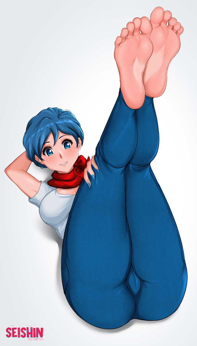 1girls, barefoot, blue hair, bulma briefs, cameltoe, dragon ball, feet, female, jeans, looking at viewer, pussy, scarf, seishinashi, soles, solo, toes