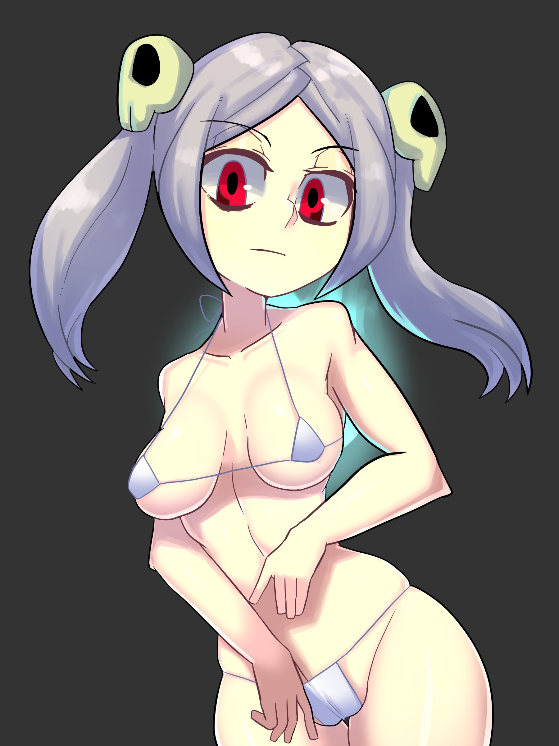 bikini, bloody marie, breasts, cameltoe, female, grey hair, legs, navel, painting fish, pussy, red eyes, skullgirls, small breasts, twintails, vagina
