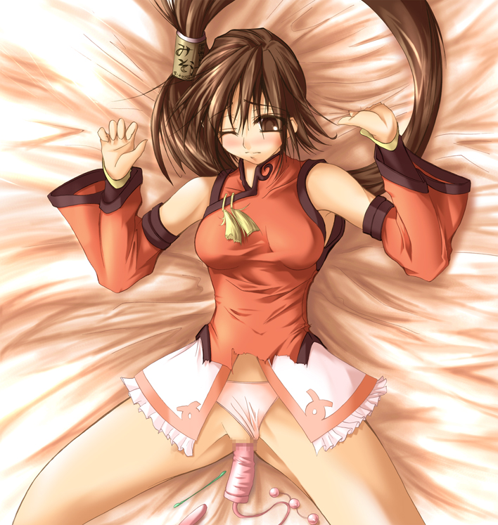 bare_shoulders bed brown_eyes brown_hair censored chinese_clothes detached_sleeves guilty_gear kuradoberi_jam long_hair lying panties panties_aside spread_legs underwear very_long_hair vibrator wink