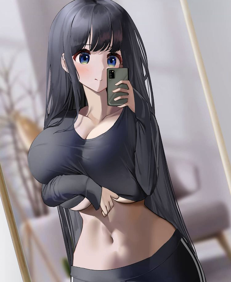 1girls, artist request, baggy clothing, big breasts, blue eyes, blush, breasts, dark hair, female, female only, midriff, phone, tagme