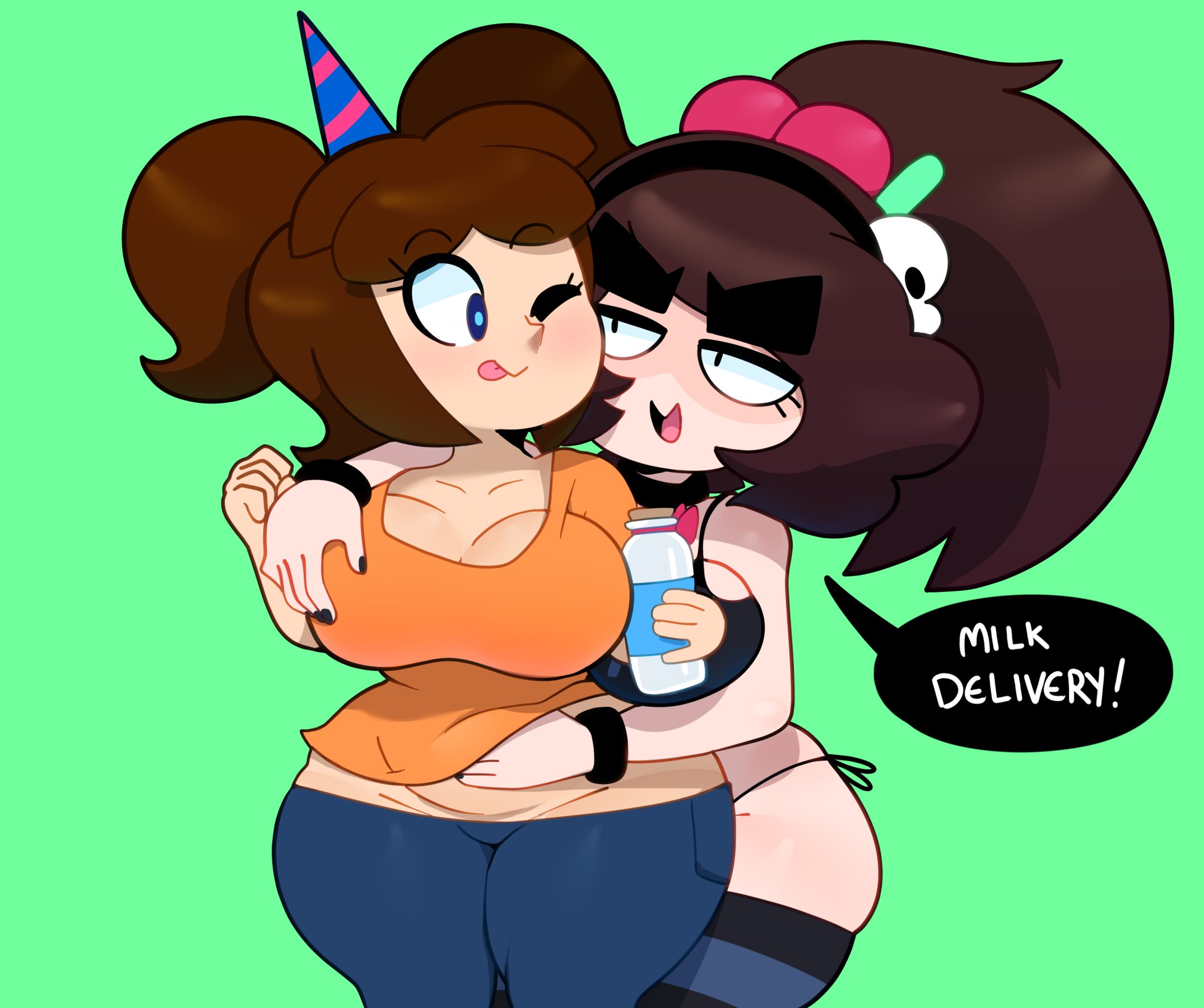 2girls, 3barts, ass, big ass, birthday, birthday hat, black nails, black panties, blue eyes, bottle, breasts, brown hair, cameltoe, cherry hair ornament, choker, cleavage, curvy, dialogue, english text, female, female only, femscrub (somescrub), from behind, green background, grope, groping, groping from behind, hair, hair ornament, headband, jeans, jess (3barts), large breasts, licking lips, mature female, milf, nail polish, nails, one eye closed, open smile, original, original character, panties, plain background, ponytail, pussy, shirt, side-tie panties, skull hair ornament, slightly chubby, smile, somescrub, speech bubble, t-shirt, tank top, text, thick thighs, tongue, tongue out, twin buns, wide hips, wink, wristband, yuri