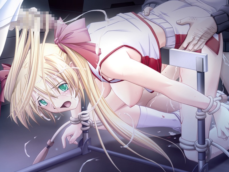 1girls 2boys akehime_saki bent_over blonde_hair blood bondage breasts censored clothing cum female female_focus footwear game_cg green_eyes gym_uniform hair_ribbon hanging_breasts hurdle jump_rope kyouhaku_2 long_hair male midriff nipples open_clothes open_mouth open_shirt penis rape ribahara_aki ribbon shirt shorts socks sports_uniform tied_hair twintails virgin