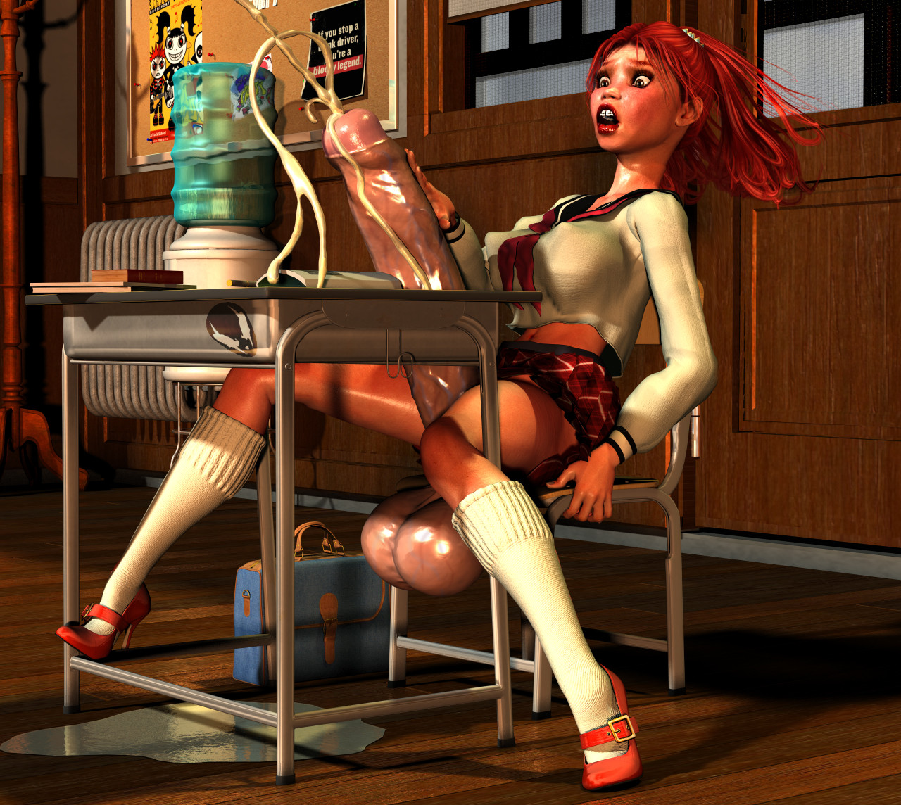 1futa, 3d, balls, big balls, big penis, braces, classroom, cum, cum puddle, desk, futanari, grendel, heels, high heels, hyper penis, intersex, orgasm, penis, red hair, school uniform, solo futa, veiny penis