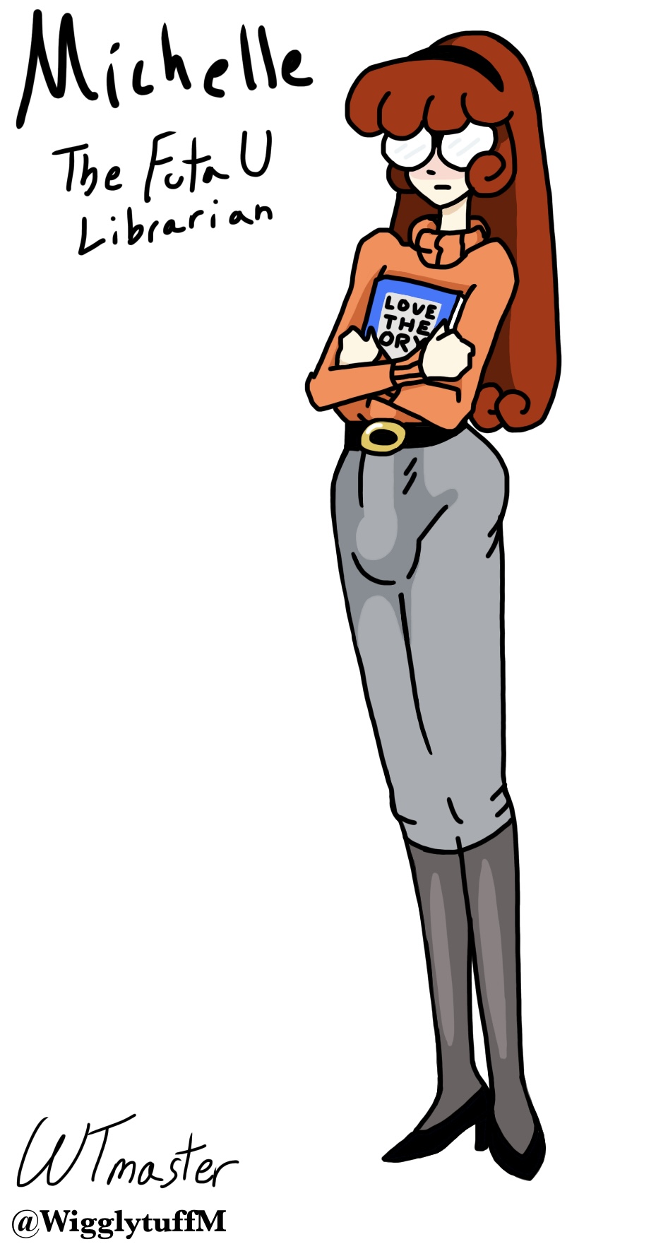 1futa, belt, blush, book, breasts, brown hair, bulge, bulge through clothing, clothed, clothing, embarrassed, english text, erection under clothes, futa only, futanari, glasses, headband, heels, human, intersex, librarian, light skin, light-skinned futa, long hair, oc, original, original character, pale skin, pale-skinned futa, pantyhose, pencil skirt, penis, small breasts, solo, standing, sweater, text, turtleneck, wigglytuffmaster