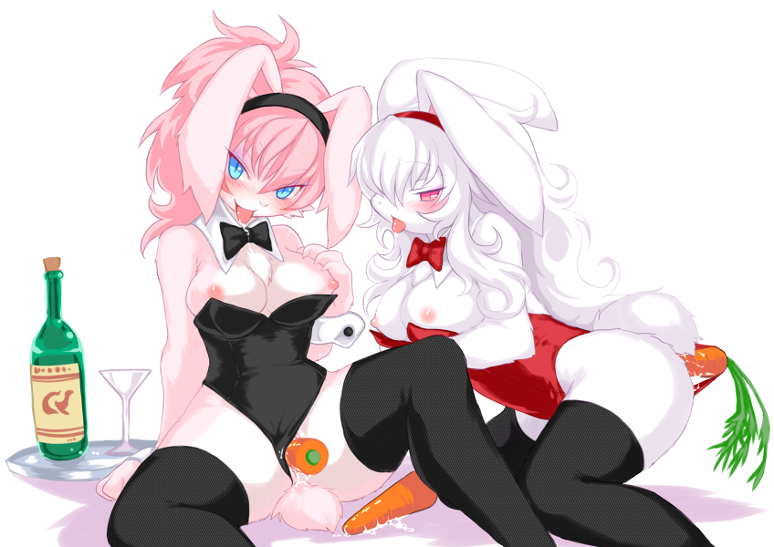 2girls anal animal_ear artist_request bb blush breasts bunny_girl bunnysuit carrot carrots furry furry_only large_breasts multiple_girls naughty_face pussy smile straight_hair tail