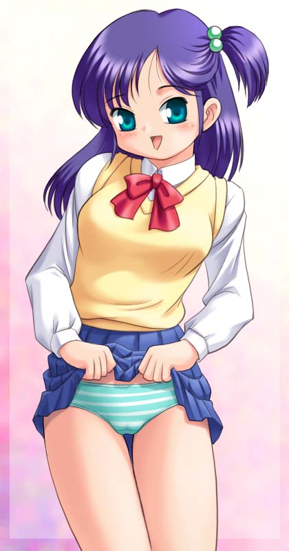 blue_eyes female hair long_hair looking_at_viewer panties purple_hair school_uniform skirt_lift striped striped_panties tanuki_gakuen