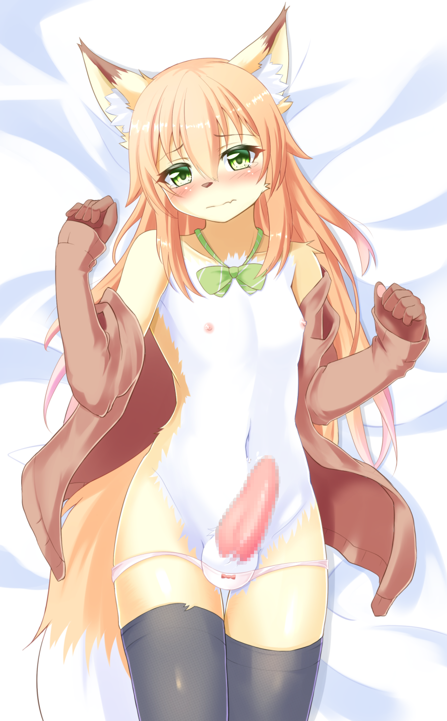 2020 5_fingers an_chobi94 anthro balls balls_in_panties bed blush brown_body brown_fur brown_nose canid canine censored clothed clothing crossdressing cute_fangs dipstick_ears dipstick_tail embarrassed erection fingers fox fur furniture genitals girly gloves_(marking) hair hi_res inner_ear_fluff kemono legwear long_hair looking_at_viewer lying male mammal markings mosaic_censorship multicolored_body multicolored_ears multicolored_fur multicolored_tail navel nipples on_back on_bed orange_hair panties partially_clothed pawpads penis portrait solo tapering_penis thigh_highs three-quarter_portrait tuft underwear underwear_down white_body white_fur yellow_body yellow_fur