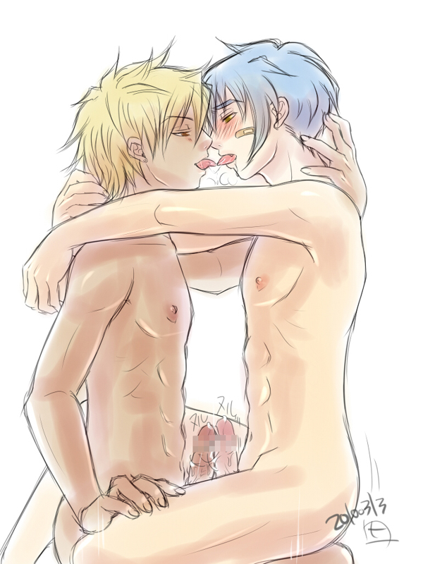 2010 abs blonde_hair blue_hair blush censored gay licking lowres male male_only multiple_males muscle nude penis pixelated plaster spread_legs usukawa yaoi