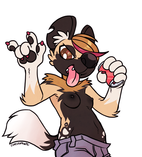 african_wild_dog anthro black_nipples breasts canine claws cuteosphere female furry hair jeans no_humans original original_character painted_claws pawpads soda spots tongue topless