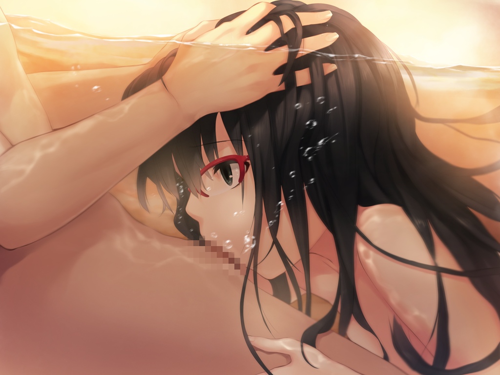 1boy black_hair bubble censored coffee-kizoku deepthroat fellatio female game_cg glasses green_eyes hands_on_head long_hair love_es_m mizushiro_ayaka mosaic_censoring oral over-rim_glasses partially_submerged profile red-framed_glasses semi-rimless_glasses solo_focus underwater water