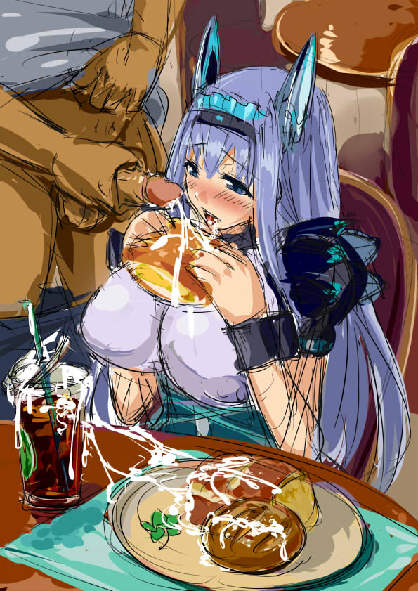 1boy blue_eyes blue_hair breasts cum cum_on_food dark-skinned_male dodonpachi dodonpachi_saidaioujou eating erect_nipples female food hair_ornament huge_breasts long_hair maria_(saidaioujou) mesiuma_joutai penis sitting uncensored