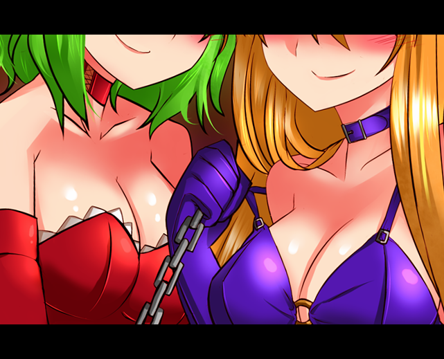 2girls bare_shoulders blonde_hair blush breasts chain_pull chains choker cleavage clothed collarbone dominant_female dominatrix eyeless female femdom gloves green_hair kazami_yuuka large_breasts leashed_pov long_hair multiple_doms multiple_girls pov roki_(hirokix) short_hair submissive_pov touhou yakumo_yukari yellow_hair yuka_kazami yukari_yakumo yuuka_kazami