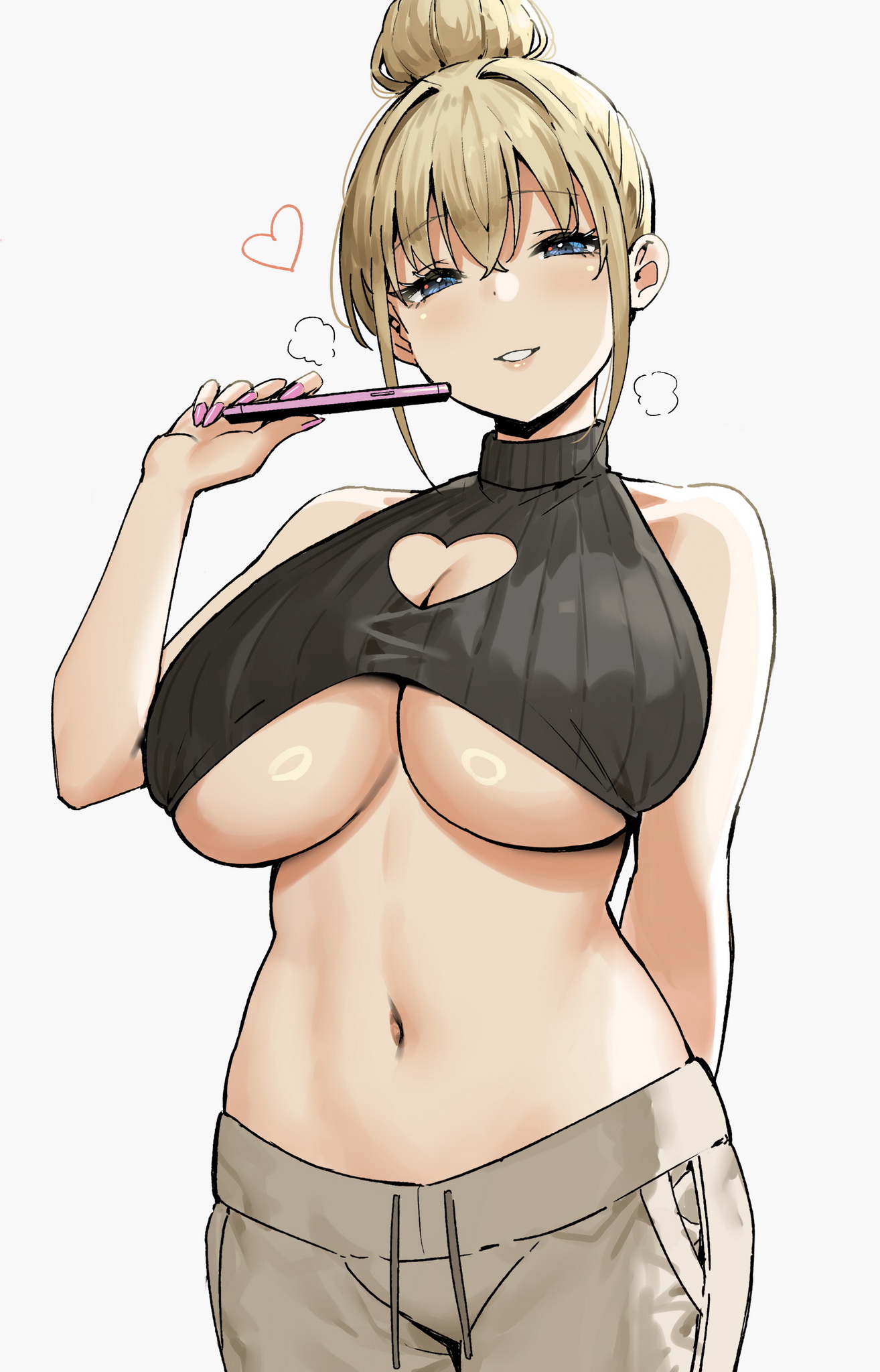 1girls, 2023, absurd res, arm behind back, bare arms, bare shoulders, black sweater, blonde hair, blue eyes, breasts, cleavage, cleavage cutout, clothing, crop top, eyebrows visible through hair, female, female only, grey background, hair between eyes, hair bun, heart, heart cutout, heavy breathing, highres, hinano (sky (freedom)), holding phone, huge breasts, joshi kōsei rich thots, large breasts, midriff, nail polish, navel, original, pants, phone, pink nails, ribbed sweater, seductive, simple background, sky (freedom), sleeveless, sleeveless sweater, smartphone, solo, standing, sweater, tied hair, tomboy, turtleneck, turtleneck sweater, underboob, wholesome