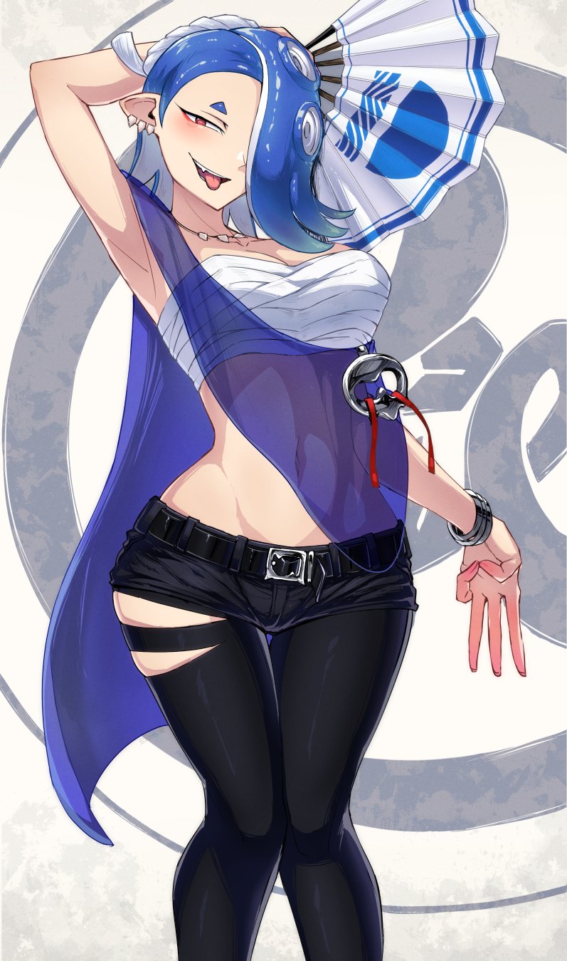 1girls alternate_breast_size arm_up armpit_crease armpit_fetish armpit_peek armpit_pose armpit_sex_invitation armpits blue_hair breasts clothed clothed_female fan female hi_res holding_object large_breasts long_hair midriff naughty_face navel nintendo octoling presenting_armpit presenting_armpits red_eyes shiver_(splatoon) slim_waist splatoon splatoon_(series) splatoon_3 suzusiigasuki tentacle_hair tight_pants