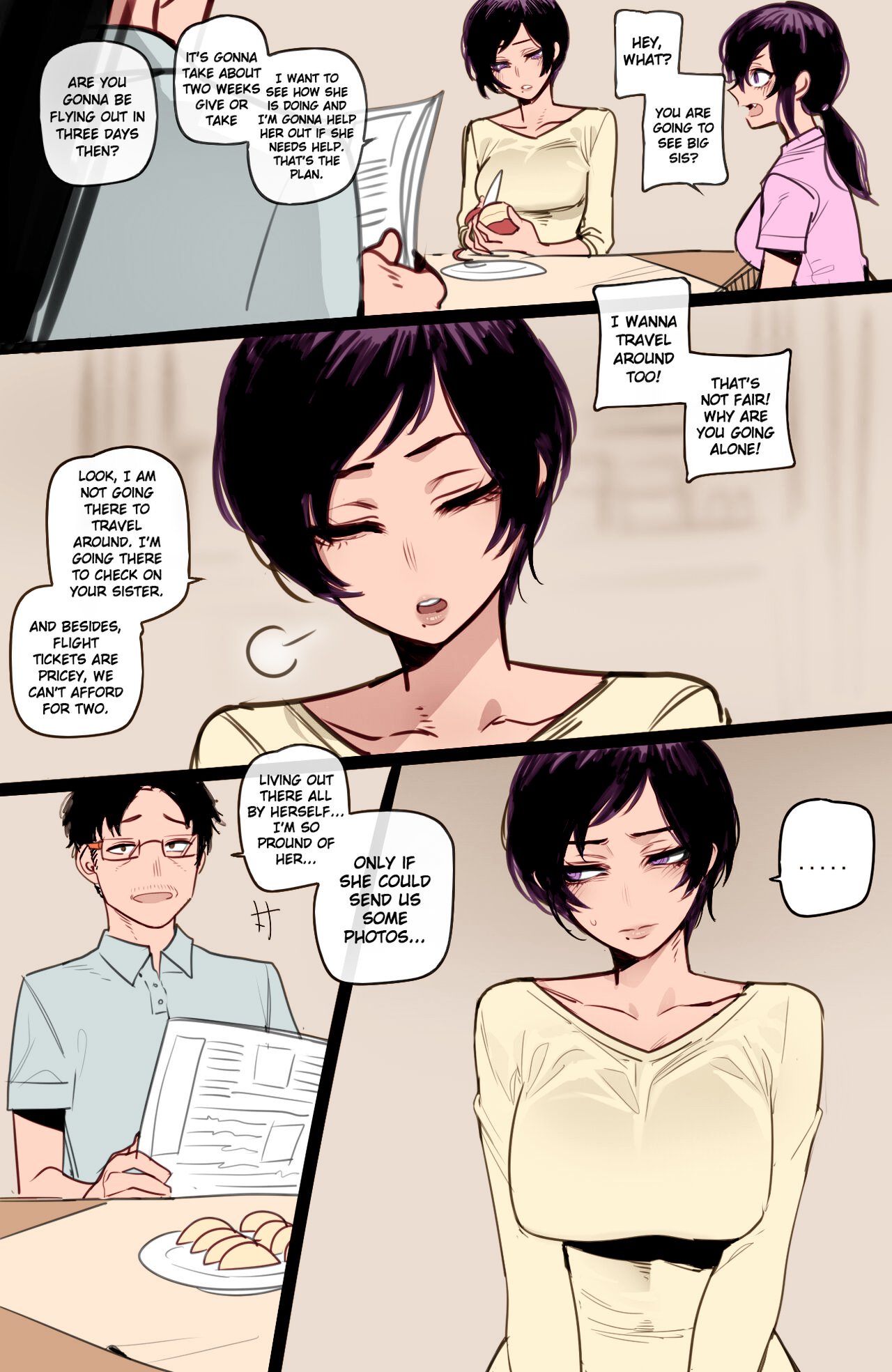1boy, 2girls, asian female, color, color edit, colored, comic, dialogue, english text, family, female, hi res, high resolution, highres, husband and wife, japanese female, japanese mom, light skin, light-skinned female, light-skinned male, male, married couple, married female, married male, mother and daughter, ratatatat74, text, third-party edit