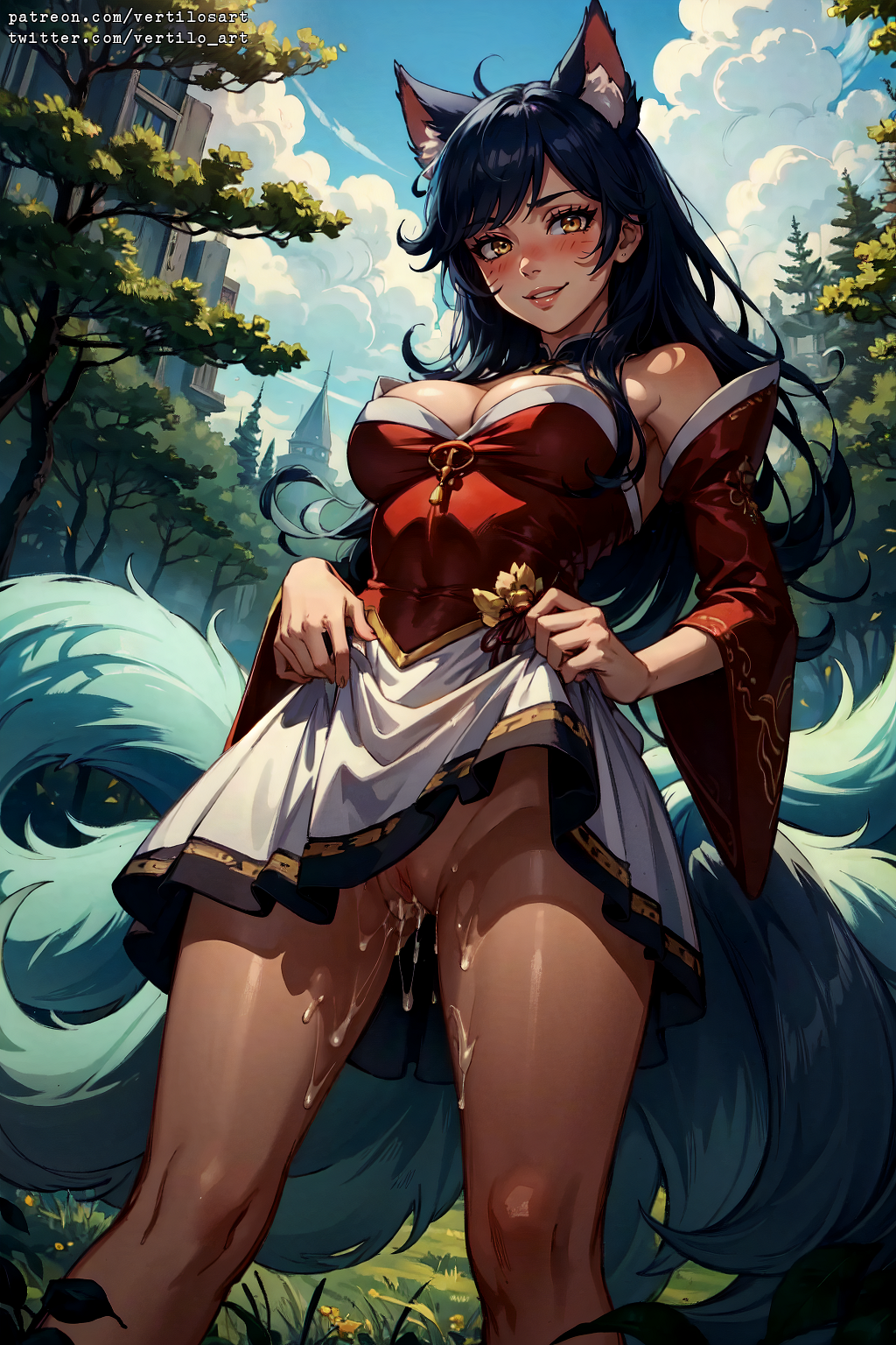 1girls, 9 tails, ahri, ai generated, cum, cum in pussy, female, female only, fox ears, league of legends, multi tail, nine tailed fox, pussy, solo, standing, tagme, upskirt, vastaya, vertiloart