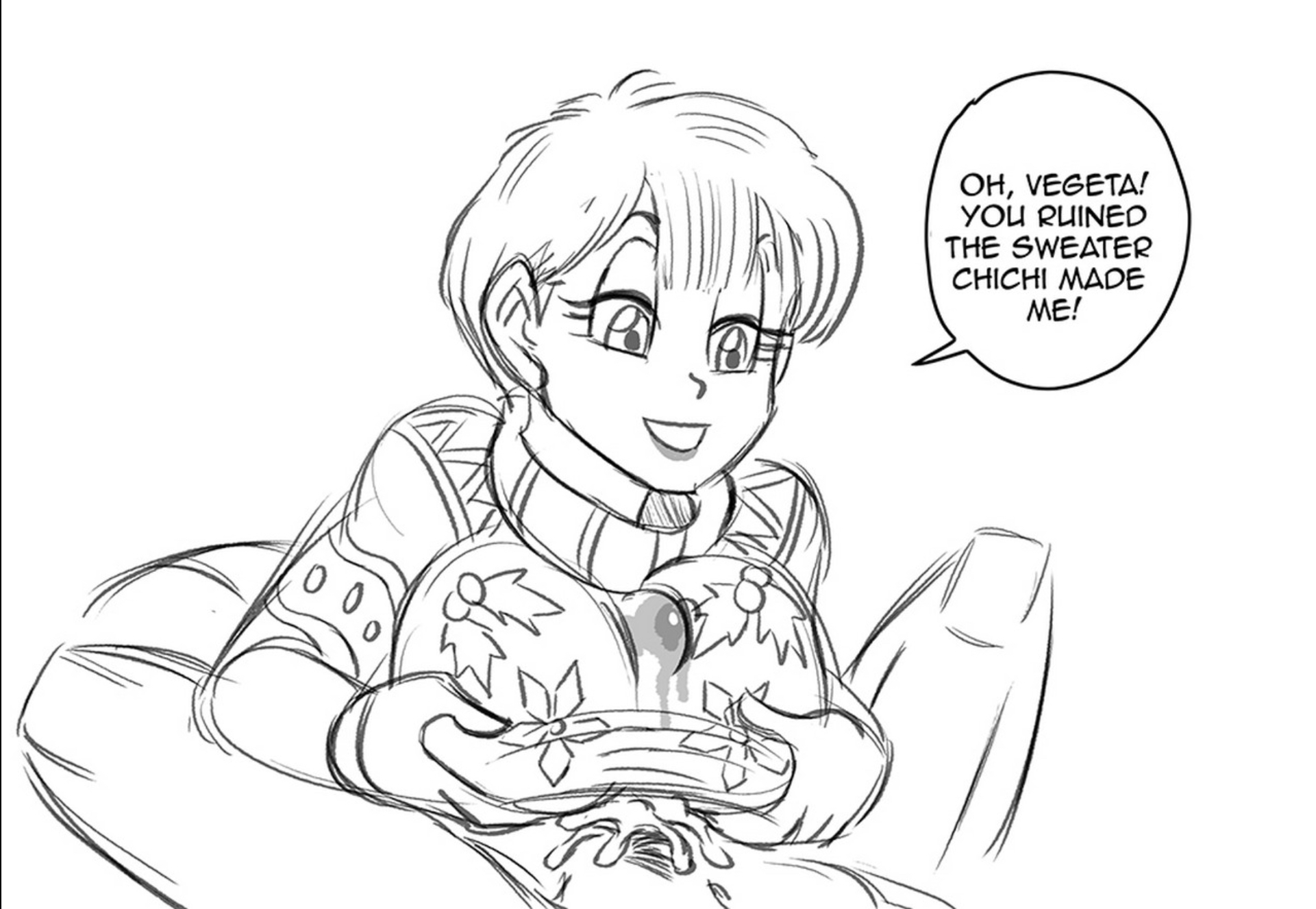 1boy, 1girls, big breasts, breasts, bulma briefs, christmas, cum, dragon ball, dragon ball super, dragon ball z, female, funsexydragonball, male, monochrome, paizuri, short hair, smile, sweater, titjob, vegeta