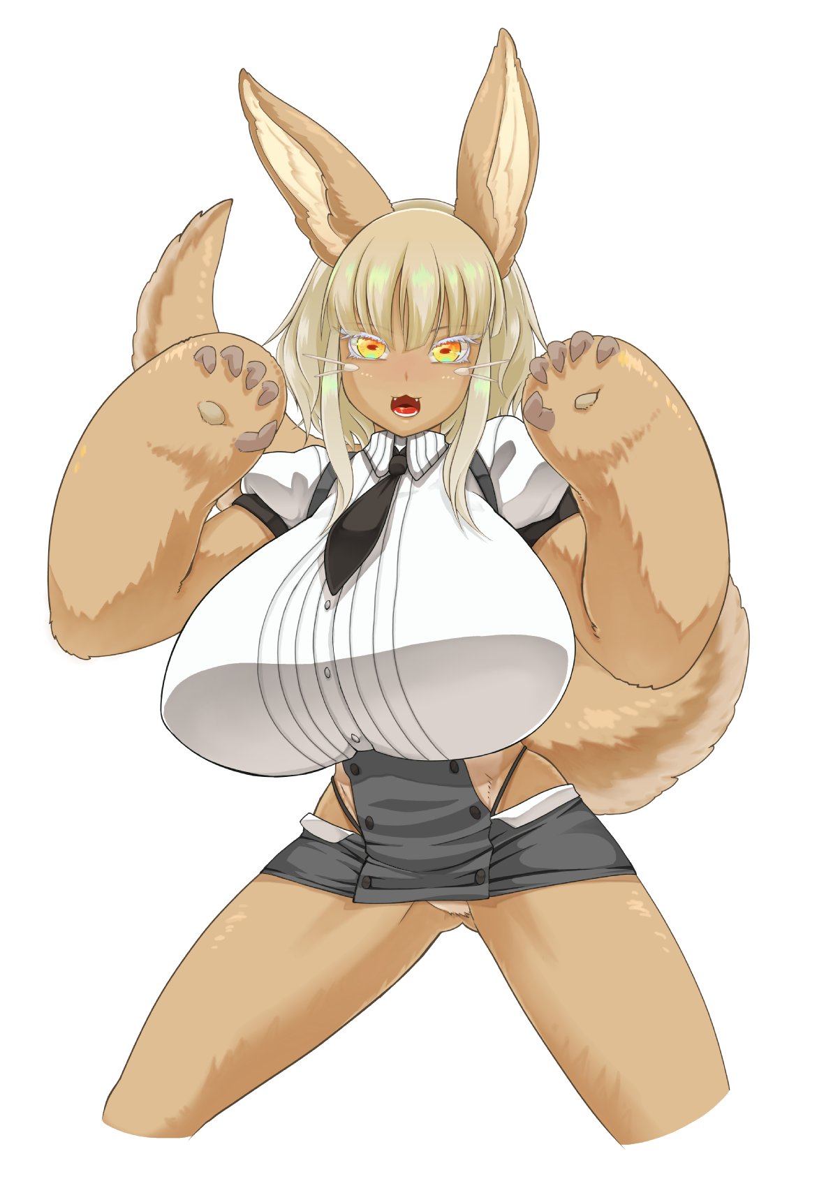 aged_up alternate_costume anthro big_breasts blonde_hair blouse female female_only full_body fur hip_vent horizontal_pupils huge_breasts lagomorph_humanoid long_ears long_tail looking_at_viewer made_in_abyss microskirt midori_no_iruka nanachi narehate necktie short_hair solo standing tail tan_fur whiskers yellow_eyes