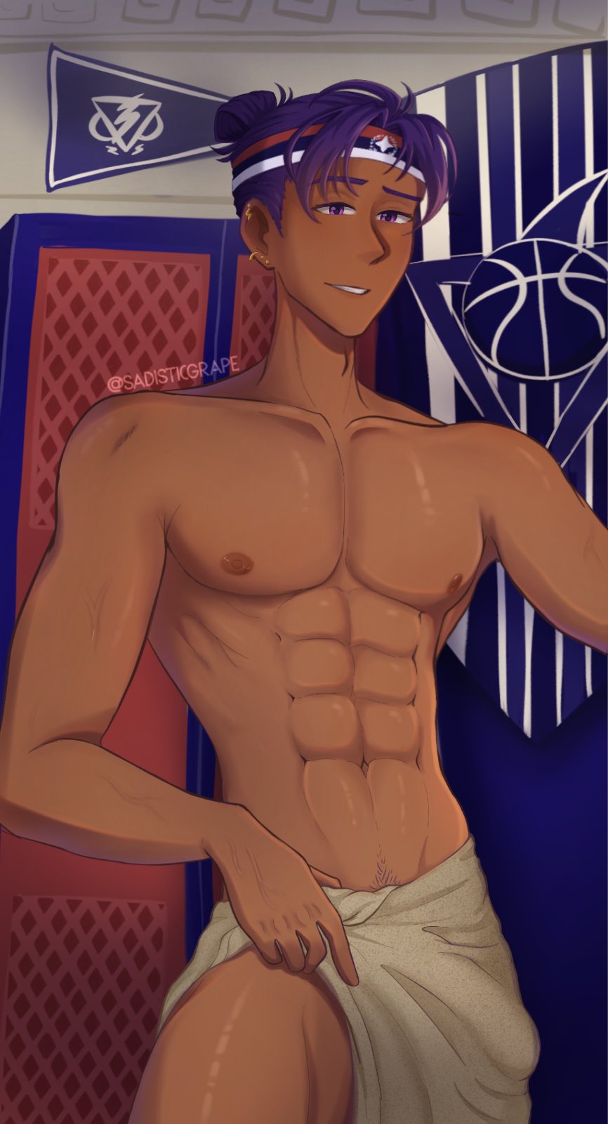 1boy abs artist_name basketball_player bishonen blush dark-skinned_male ear_piercing erection_under_clothes headband human jock_studio locker_room male male_nipples male_only male_pubic_hair muscles muscular_male no_visible_genitalia nsfw pecs penis_bulge purple_eyes purple_hair sadisticgrape skinny smooth_skinned_male solo towel towel_only yaoi zayne_alexander