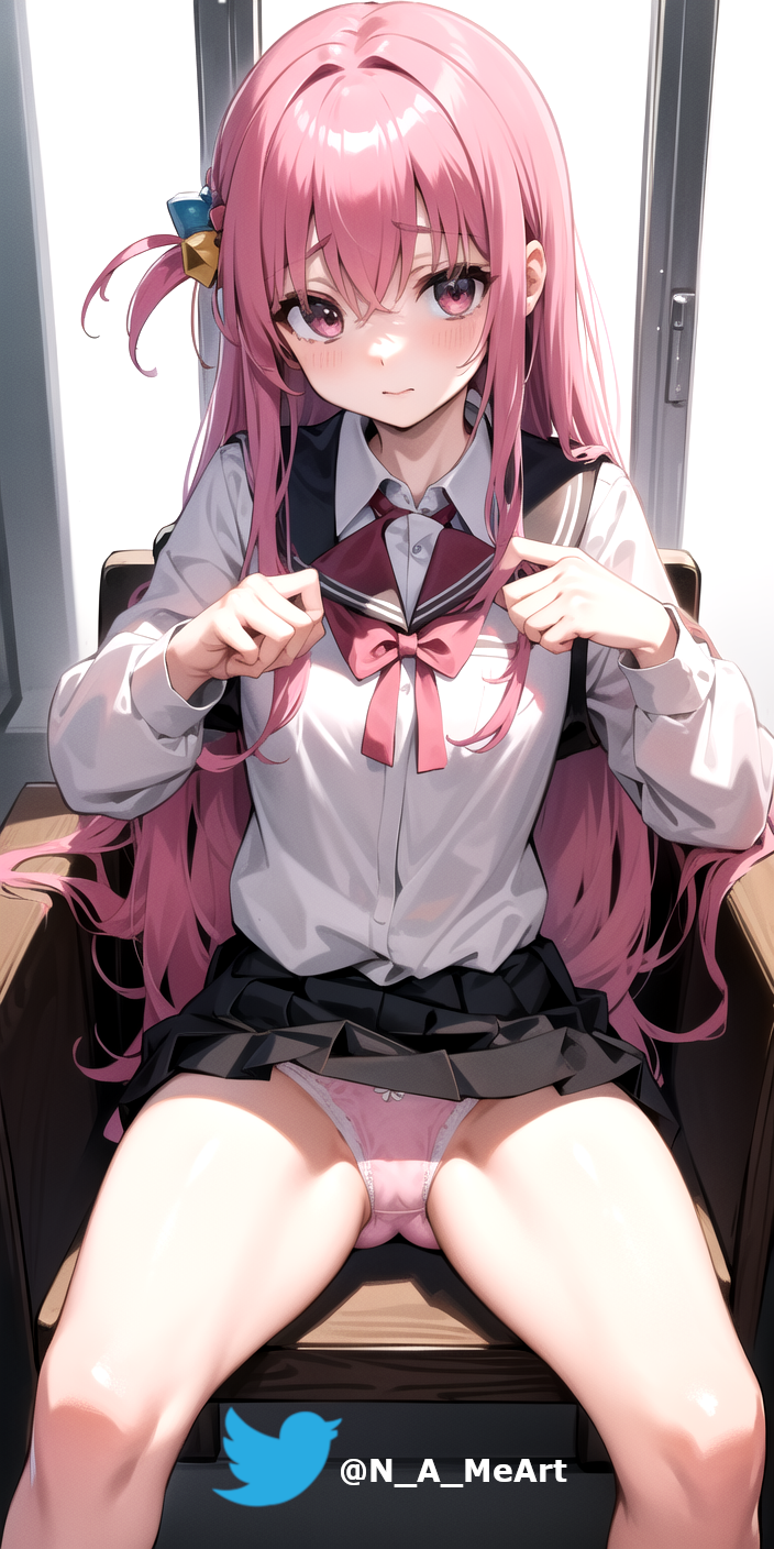 ai_generated blue_eyes blush bocchi_the_rock! clothed gotou_hitori hair_ornament long_hair n_a_me panties pink_hair pink_panties school_uniform sitting sitting_on_chair spread_legs tagme