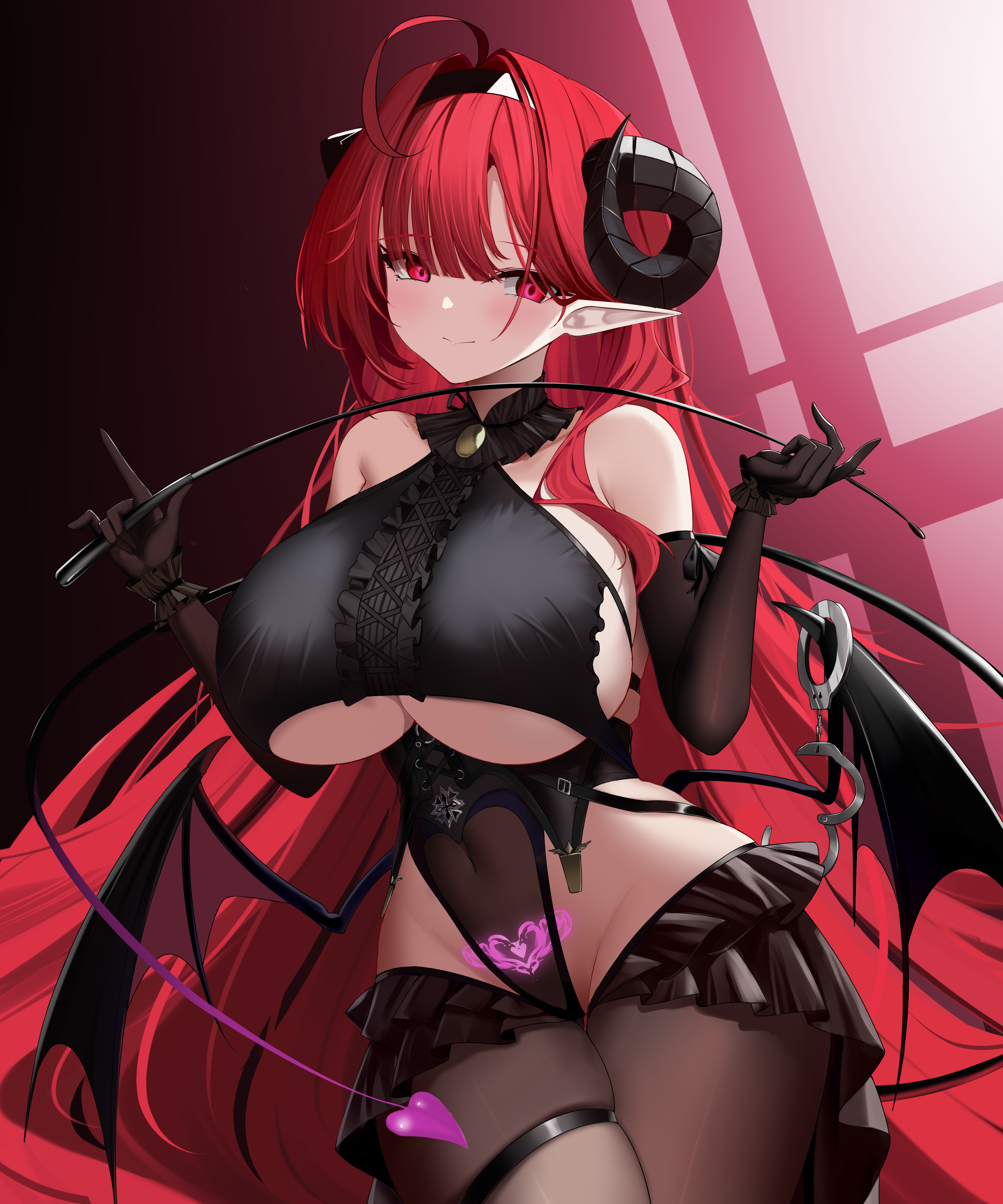1girls, azur lane, black gloves, breasts, clothed, clothing, demon, female, female only, femdom, gloves, hairband, handcuffs, hindenburg (azur lane), horns, iron blood (azur lane), light skin, light-skinned female, looking at viewer, niballlll, pubic tattoo, red eyes, red hair, smile, solo, succubus, succubus horns, succubus tail, succubus wings, tail, tattoo, underboob, whip, wings