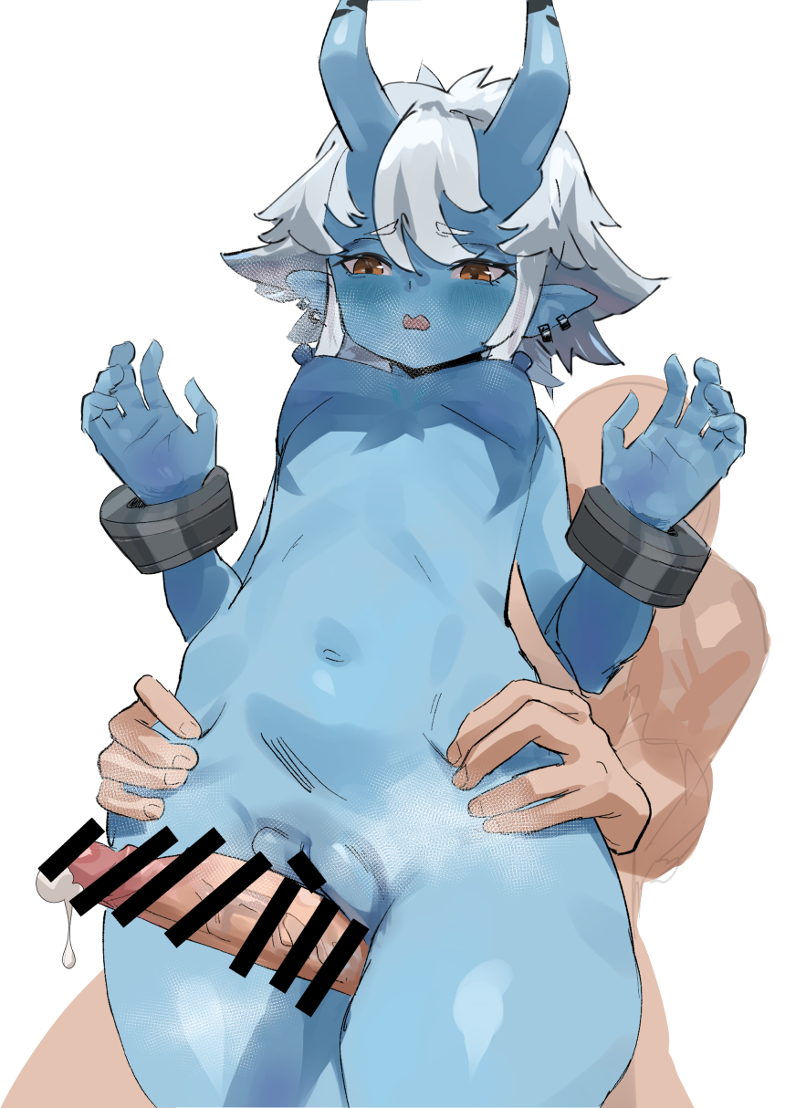 1boy1girl blue_body blue_skin breasts censored d.r. demon demon_girl duo female male male/female naked nipples nude oni oni_female oni_horns orange_eyes penis penis_between_legs penis_between_thighs pussy short_hair small_breasts soukaku thigh_sex thighs vagina white_hair zenless_zone_zero