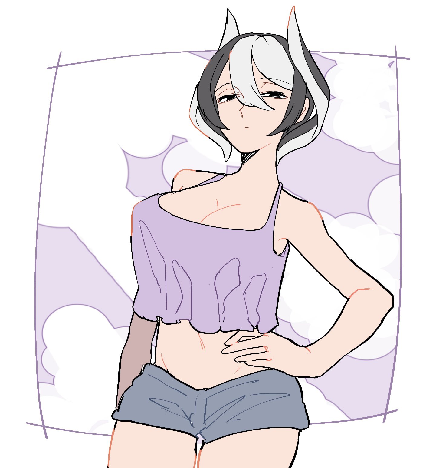 alternate costume, big breasts, black and white hair, breasts, cleavage, female, female only, fully clothed, hand on hip, large breasts, looking at viewer, made in abyss, mature female, milf, mochi mori, ozen, short hair, short shorts, shorts, solo, tank top, two-tone hair
