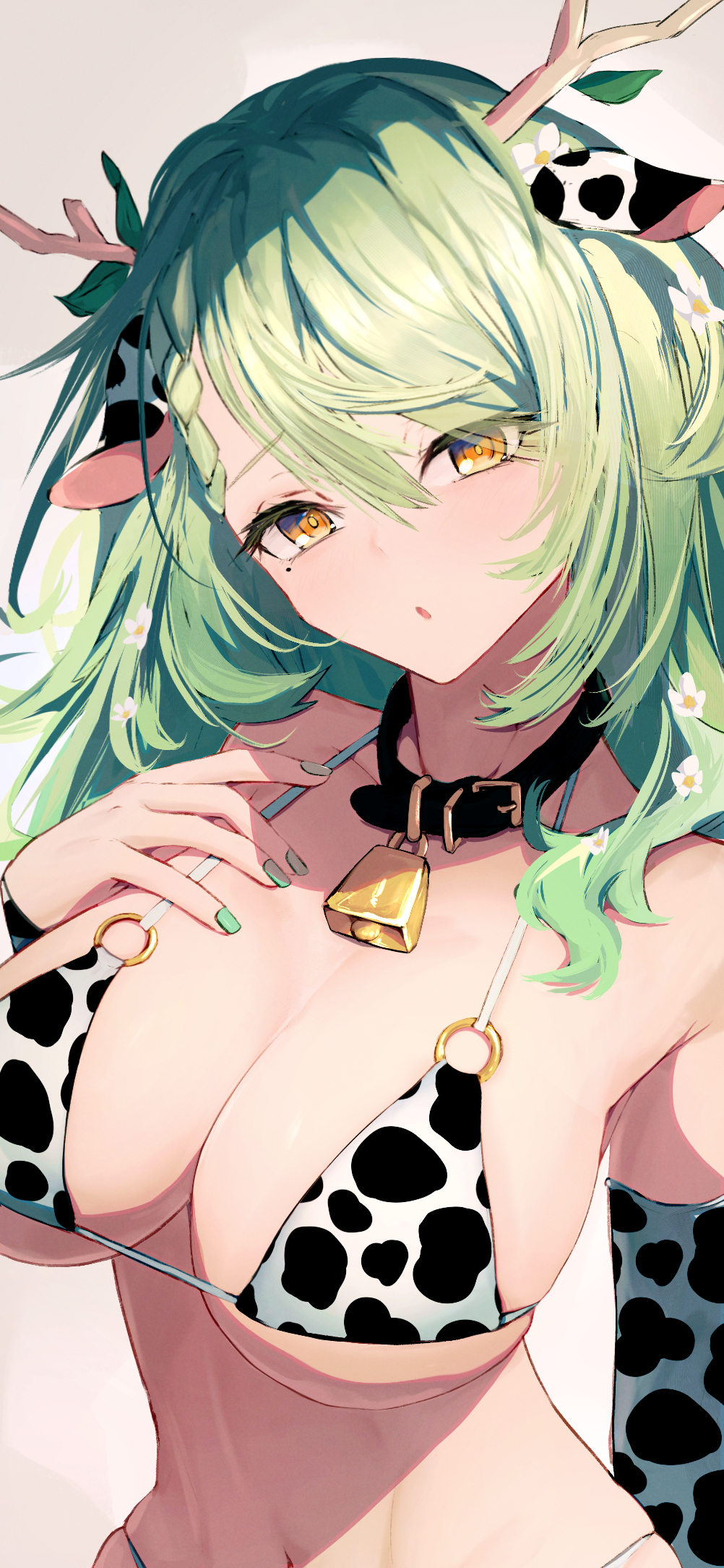 1girls animal_ears antlers beauty_mark belly_button bikini breasts ceres_fauna cow_ears cow_print cow_print_bikini cow_print_sleeves cowbell detached_sleeves female female_only getto_(ifphilo) green_hair green_nails hololive hololive_english hololive_english_-council- hololive_english_-promise- huge_breasts light-skinned_female light_skin looking_at_viewer solo virtual_youtuber yellow_eyes