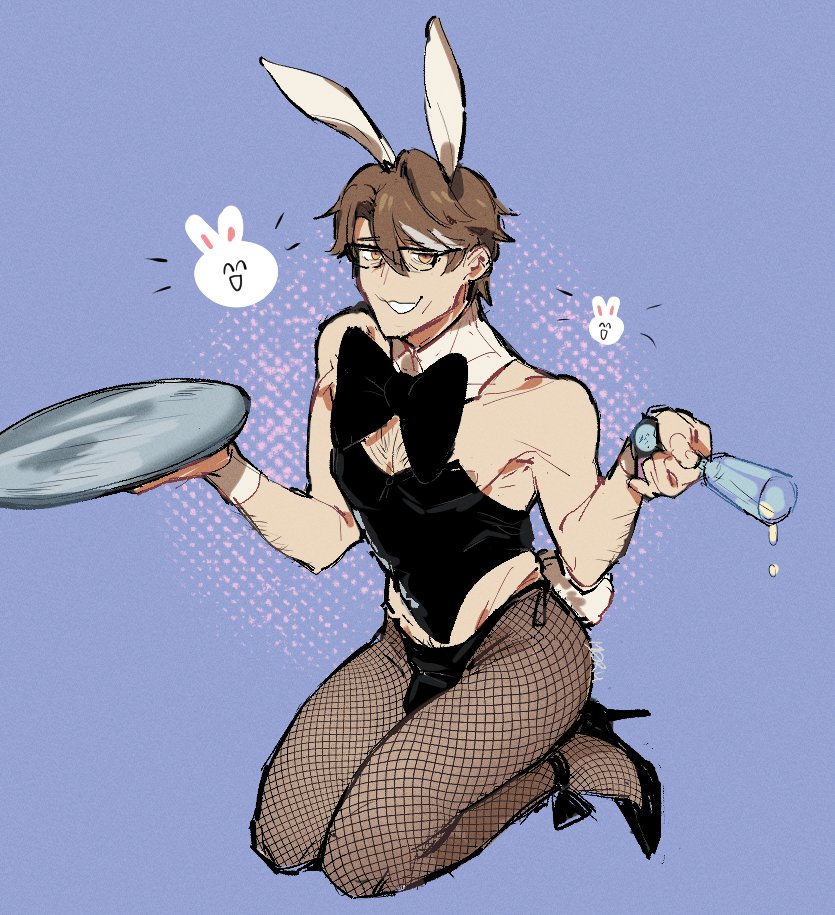 bowtie, brown hair, bulge, bunny ears, bunny tail, bunnysuit, chest hair, cuffs (clothing), cup, fishnet stockings, fishnets, glasses, high heels, honkai (series), honkai: star rail, male, male only, plate, smirk, smirking, smirking at viewer, stockings, welt yang (honkai: star rail), yellow eyes