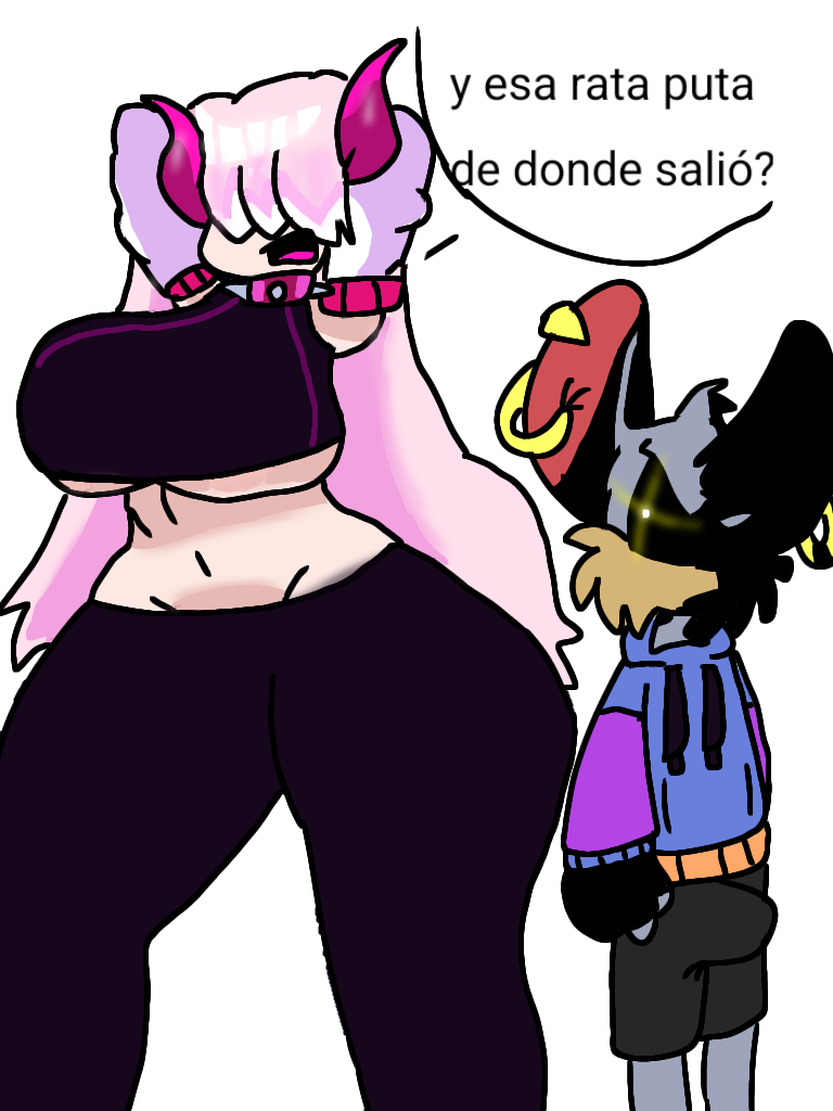 anny_(anny_perez) anny_perez_oc breasts demon_horns grey_fur pink_hair rat_humanoid shaded_face size_difference spanish_text tuffythechileanrat tuffythechileanrat_(artist) white_sleeves