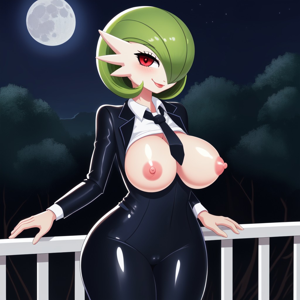 ai_generated anthro balcony breastless_clothes breastless_clothing female female_pokemon forest gardevoir halfaslime large_breasts looking_at_viewer moon nipples pokémon_(species) pokemon pokemon_(species) solo suit_and_tie