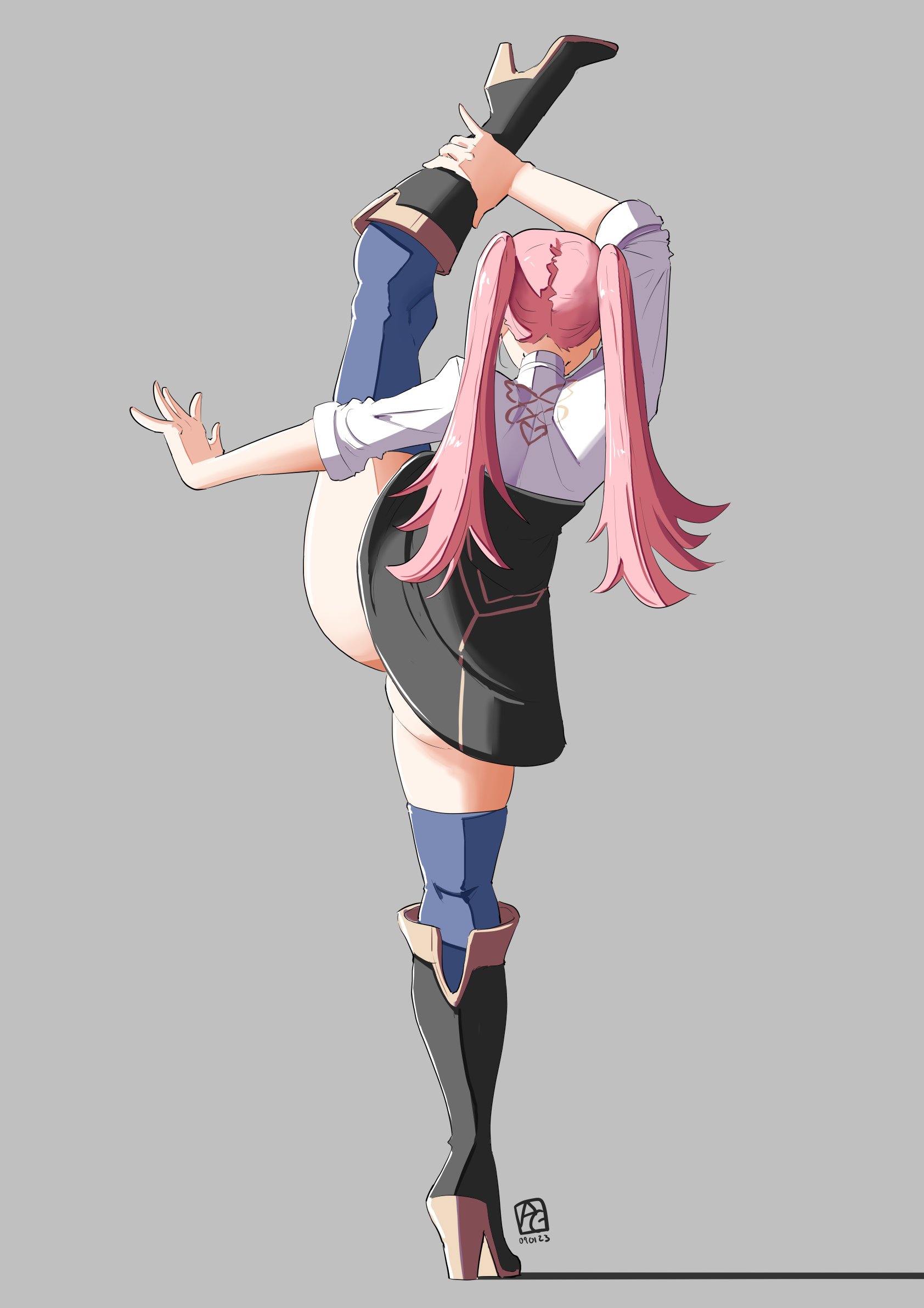 1girls, 2023, artist name, artist signature, ass, ass cheeks, ass cleavage, ass focus, automatic giraffe, back view, boots, clothed, dated, female, female only, fire emblem, fire emblem: three houses, garreg mach monastery uniform, grey background, heeled boots, high heels, highres, hilda valentine goneril, human, human female, human only, lifting leg, light skin, light-skinned female, long hair, nintendo, no pants, no sex, one leg up, pink hair, pinky out, pre-timeskip, signature, simple background, solo, split, splits, standing, standing on one leg, standing split, straight hair, stretching, teenage female, teenager, thick thighs, thighhighs, thighs, twintails, watermark