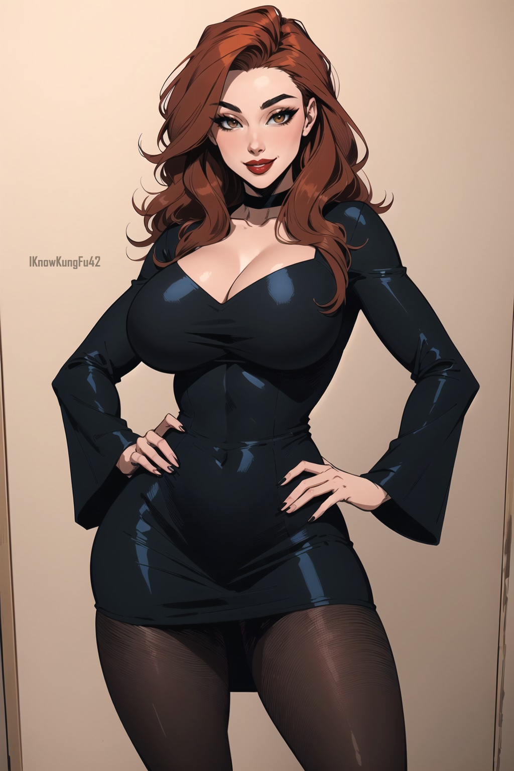 1girls, ai generated, artist name, auburn hair, big breasts, big lips, black clothing, black dress, breasts, brown eyes, brown hair, busty, cleavage, clothed, clothing, curvaceous, curvy, curvy figure, dress, eyelashes, female, female human, female only, hips, hourglass figure, human, iknowkungfu42, large breasts, light skin, light-skinned female, lips, long hair, looking at viewer, original, original character, pantyhose, parted lips, red hair, red lips, simple background, smile, solo, thick lips, thighs, voluptuous, wavy hair, wide hips