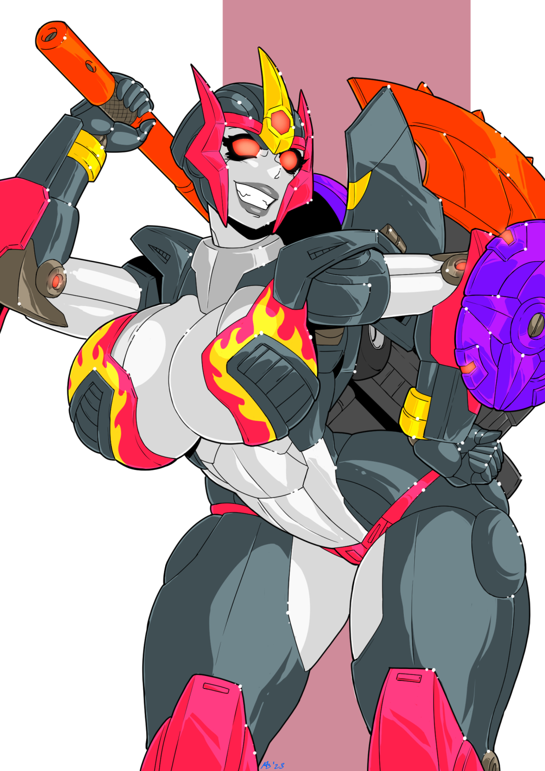 1girls, alien, alien girl, ass, axe, big ass, big breasts, breasts, cleavage, decepticon, female, female focus, female only, flamewar, full color, hand on hip, huge breasts, large breasts, mad-project, pose, posing, red eyes, smile, smiling, solo, tagme, thick thighs, thighs, transformers, transformers g1