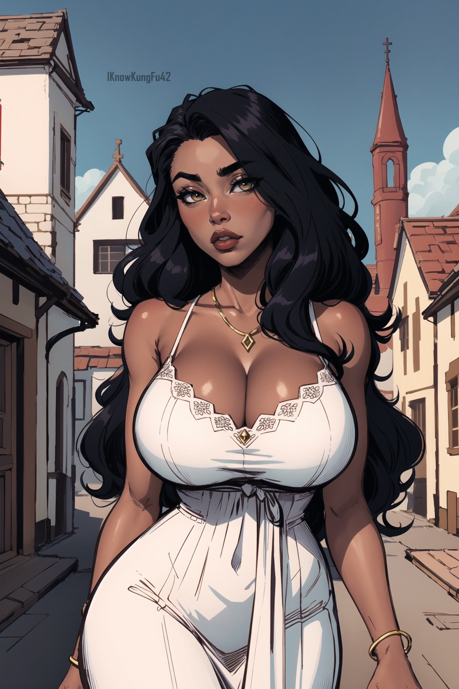 1girls, ai generated, artist name, big breasts, big lips, black hair, bracelet, breasts, brown eyes, busty, cleavage, clothed, clothing, curvaceous, curvy, curvy figure, dark skin, dark-skinned female, detailed background, dress, eyelashes, female, female human, female only, hi res, high resolution, highres, hips, hourglass figure, human, iknowkungfu42, jewelry, large breasts, lips, long hair, looking at viewer, necklace, original, original character, parted lips, red lips, solo, thick lips, voluptuous, wavy hair, white clothing, white dress, wide hips