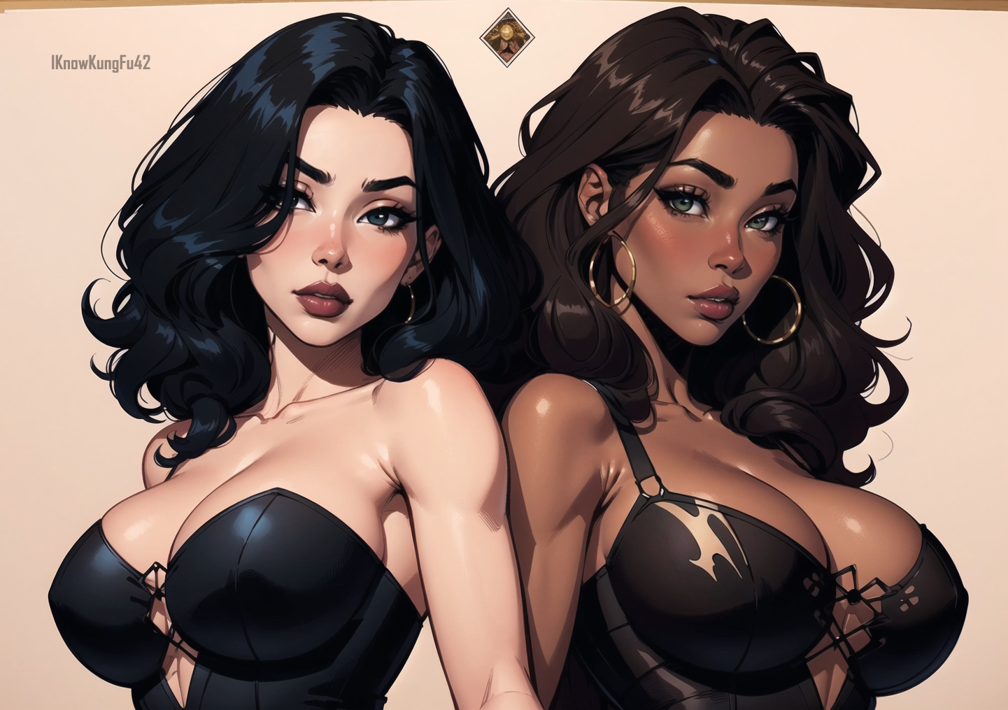 2girls, ai generated, artist name, big breasts, big lips, black clothing, black hair, blue eyes, breasts, brown eyes, brown hair, busty, cleavage, clothed, clothing, corset, dark skin, dark-skinned female, duo, earrings, eyelashes, female, female human, female only, hoop earrings, human, iknowkungfu42, large breasts, light skin, light-skinned female, lips, long hair, looking at viewer, multiple females, multiple girls, original, original character, parted lips, red lips, seductive, seductive look, simple background, thick lips, wavy hair