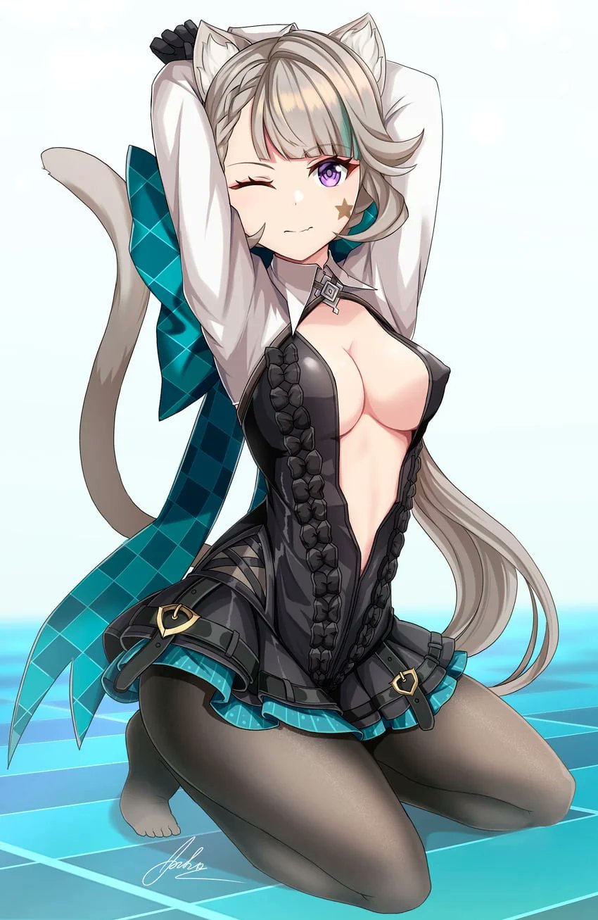 1girls, bending, breasts, cat ears, cat tail, dress, female, genshin impact, lynette (genshin impact), pantyhose, solo, wink, winking at viewer