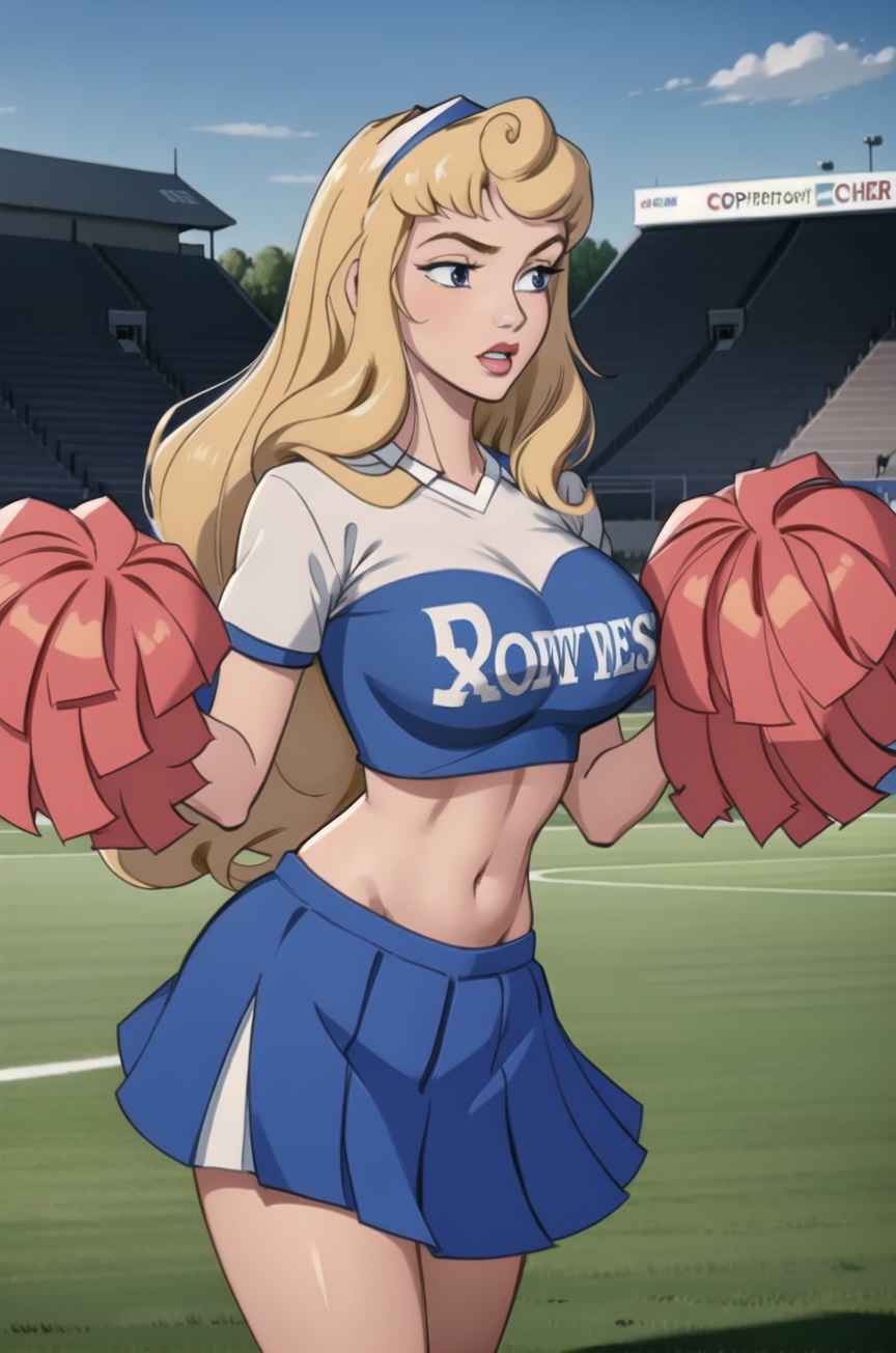 1girls, ai generated, aurora (sleeping beauty), big breasts, blonde hair, breasts, cheerleader, cheerleader uniform, disney, disney princess, female, female only, long hair, princess, royalty, sleeping beauty (1959 film)