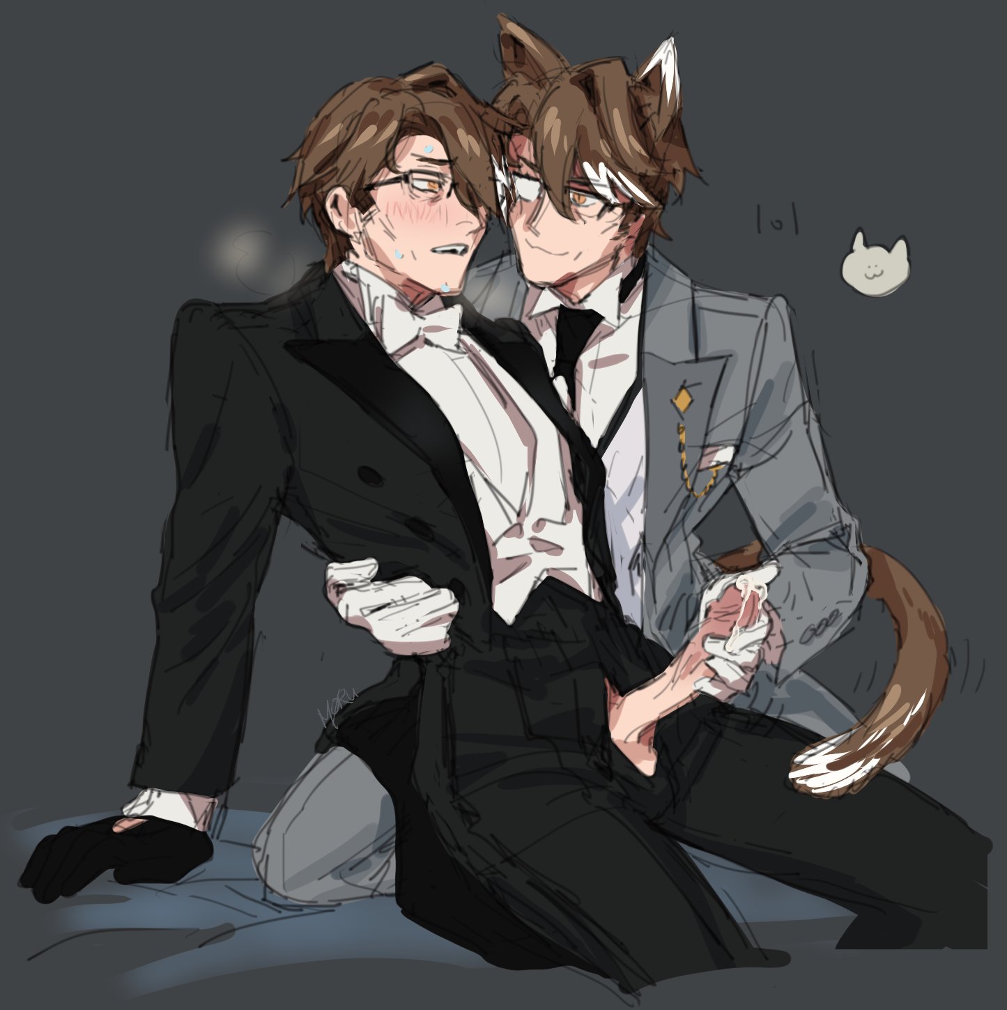 blush, brown hair, cat ears, cat tail, cum, gay, glasses, gloved handjob, gloves, handjob, honkai (series), honkai: star rail, male, male only, on bed, penis, penis out, penis through fly, rubbing penis, selfcest, smirk, smirking, suit, welt yang (honkai: star rail), yellow eyes
