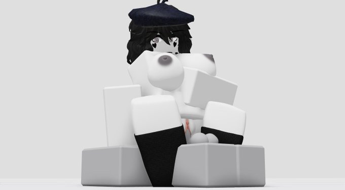 1boy, 1girls, 3d, areolae, balls, beret, big breasts, black hair, black thighhighs, blue beret, blue hat, breasts, completely nude, eyebrows, eyebrows visible through hair, female, female focus, goodidamage, grey areola, grey eyes, grey skin, hat, hearts on cheeks, male, male/female, mimi (myrealdamage), mostly nude, mostly nude female, myrealdamage, naked, nipples, nude, nude male, penis, pussy, reverse cowgirl position, roblox, robloxian, sex, short hair, stomach, straight, thighhighs, thighhighs only, thighs, vaginal penetration, white background, white skin