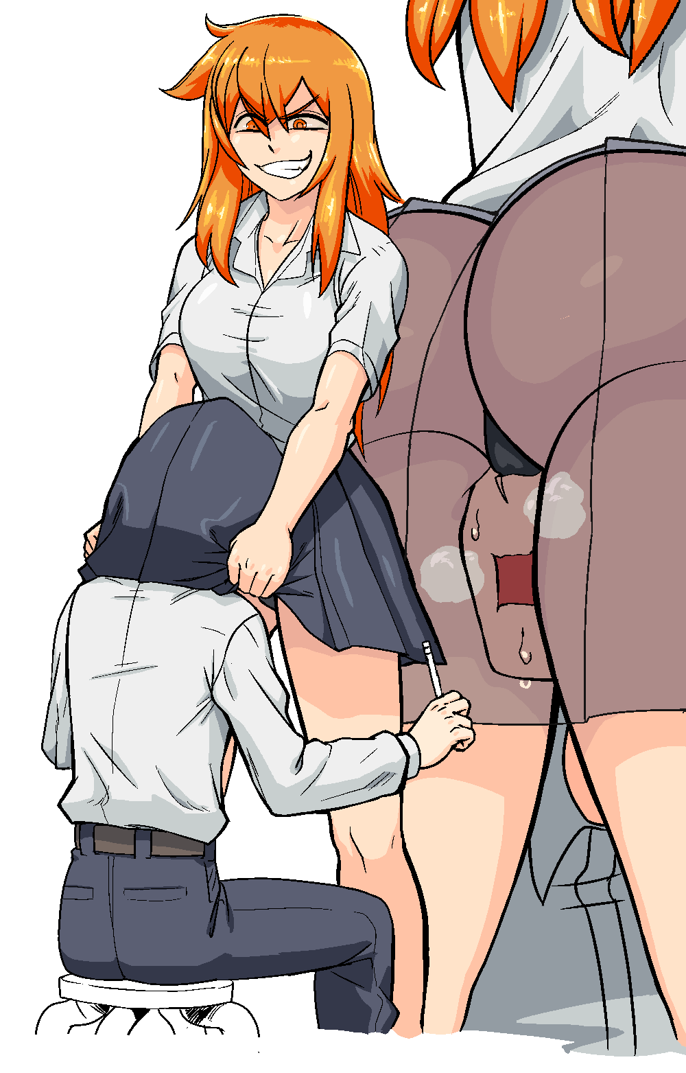 1boy 1girls ass big_ass black_panties black_thong breasts bubble_butt clothing color face_in_crotch female female_domination femdom gamo-chan gutsbro14 head_under_skirt japanese_school_uniform male naoto_hachioji_(senpai) orange_hair panties please_don't_bully_me,_nagatoro pussy_in_face school_uniform skirt smug sniffing sniffing_pussy sniffing_pussy_through_clothes sniffing_through_clothes steaming_body steamy thong under_skirt underwear