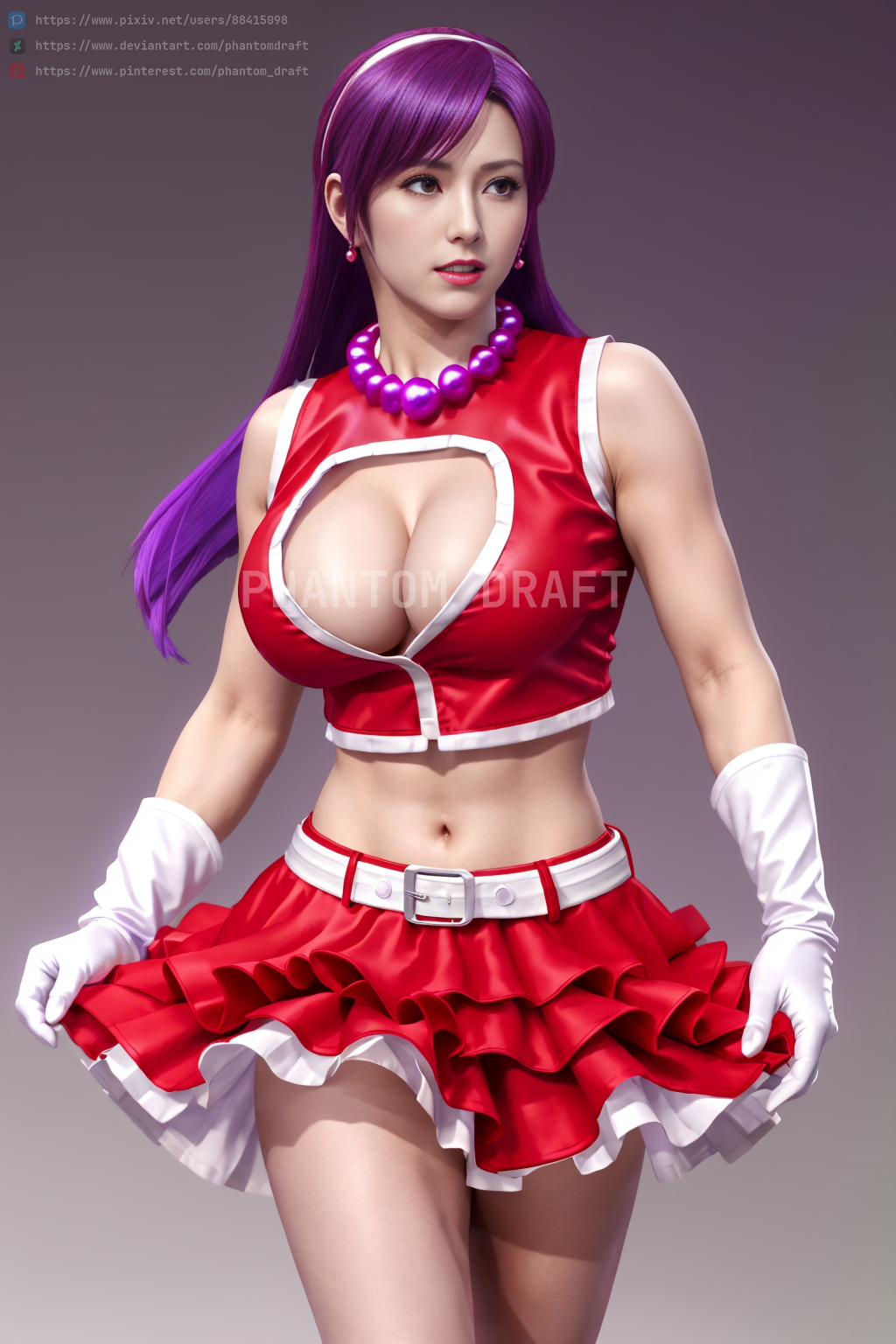 ai_generated athena_asamiya cleavage_cutout female fighter gloves king_of_fighters large_breasts pearl_necklace phantom_draft purple_hair red_skirt red_vest snk white_hairband