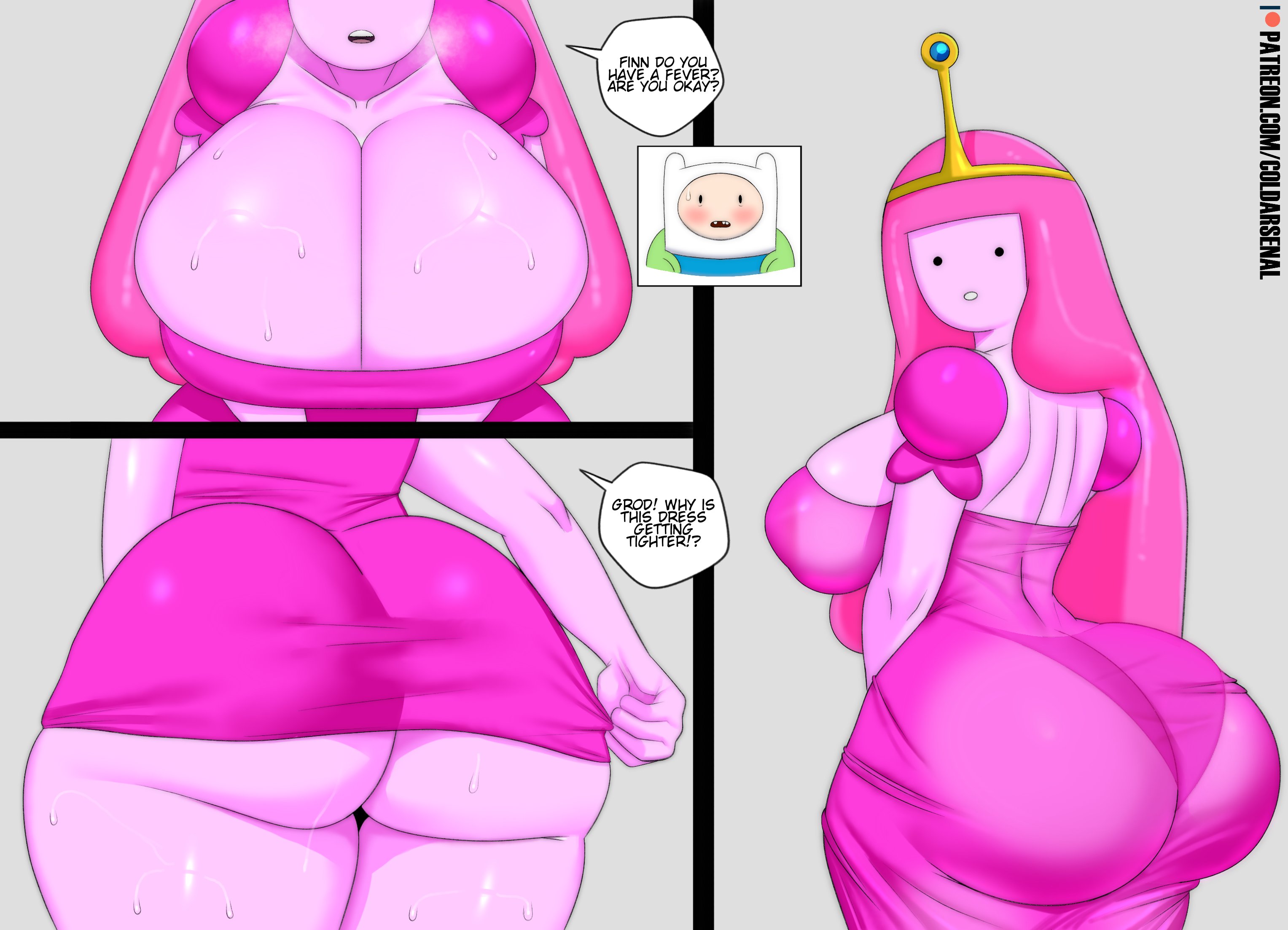 1boy, 1girls, adventure time, ass, big ass, big breasts, big butt, blush, breasts, busty, cartoon network, cleavage, coldarsenal, crown, dialogue, fat ass, female, finn the human, large ass, large breasts, light skin, light-skinned male, looking back, male, mob face, pink body, pink hair, pink skin, princess bubblegum, speech bubble, text, text bubble, thick ass, thick thighs, thighs, tight clothing, voluptuous, voluptuous female